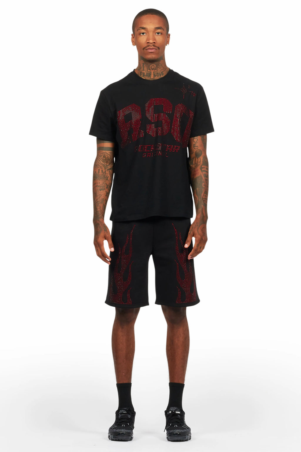 Bellamy Black/Red Rhinestone Tee Short Set