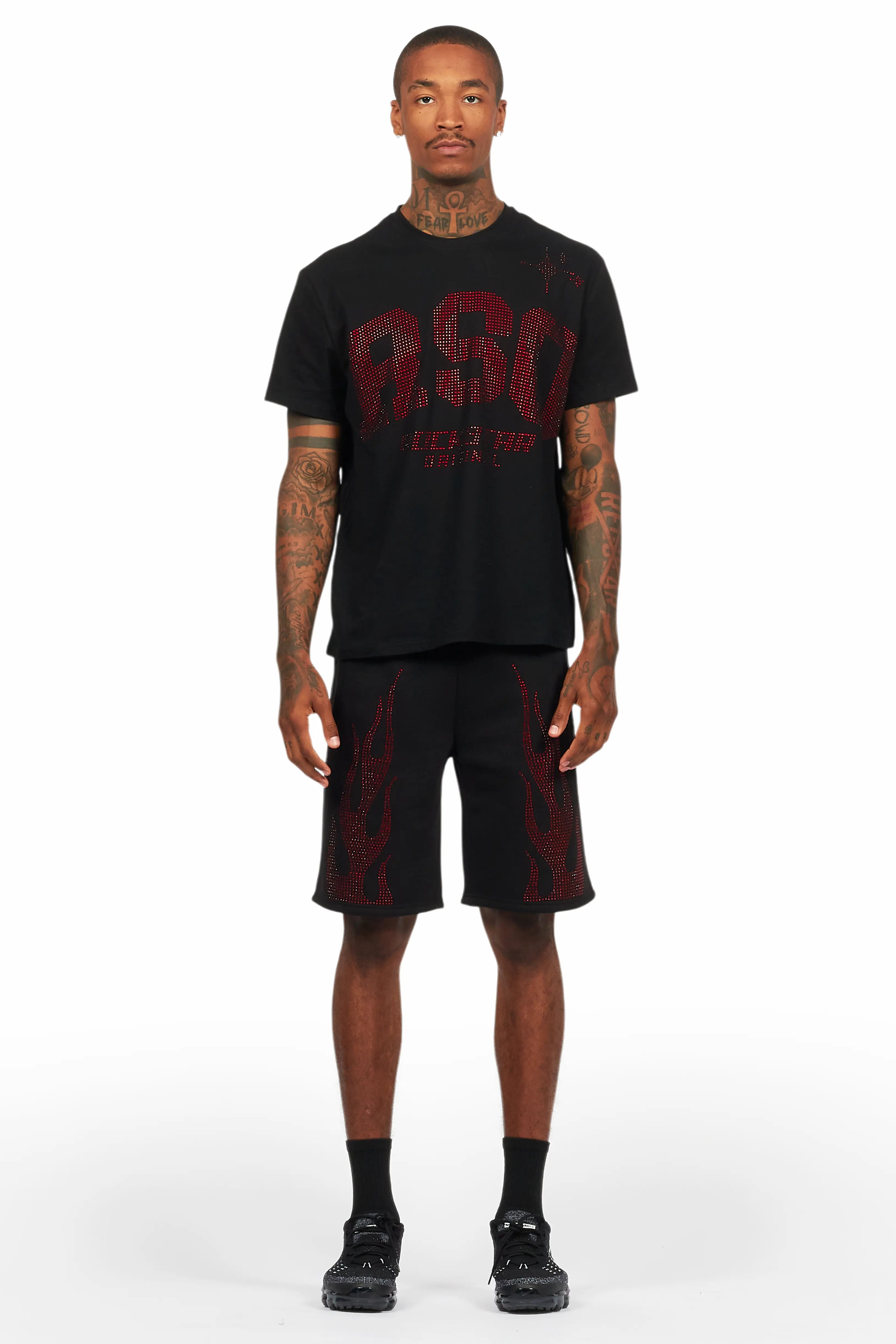 Bellamy Black/Red Rhinestone Tee Short Set