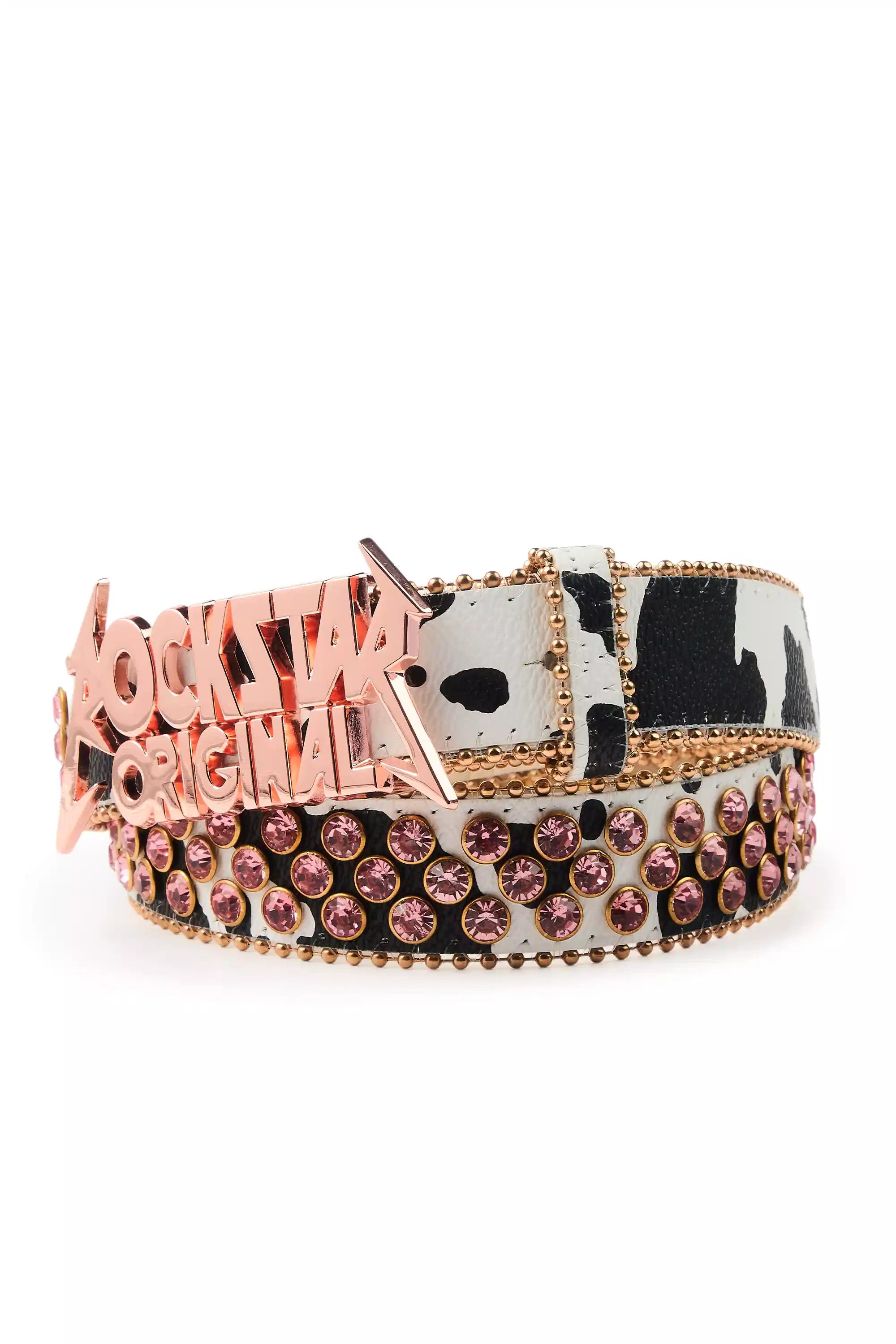 Aveona White/Black Cow Print Rhinestone Belt