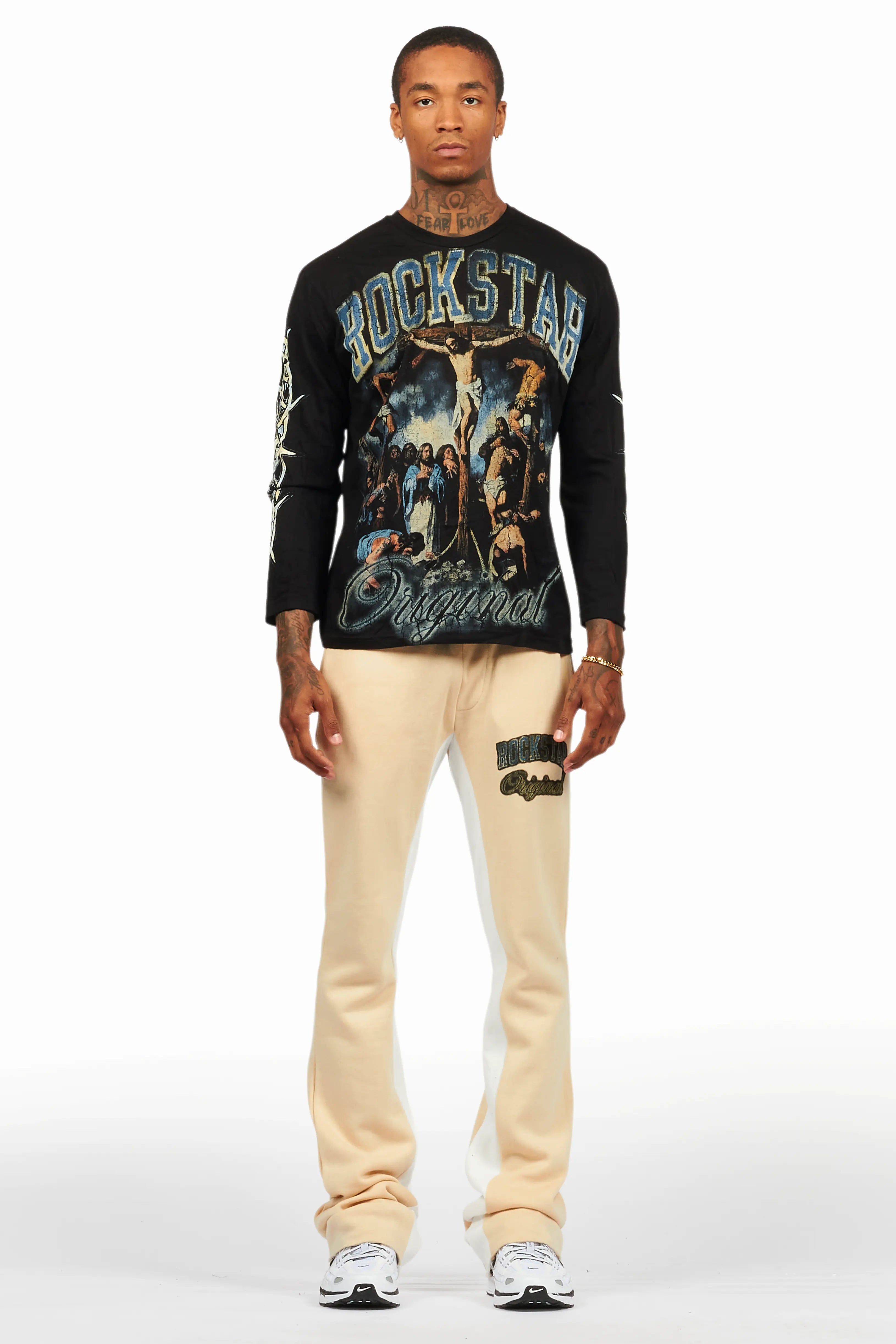 Waller Black/Beige Long Sleeve T-Shirt/Baggy Pant Set