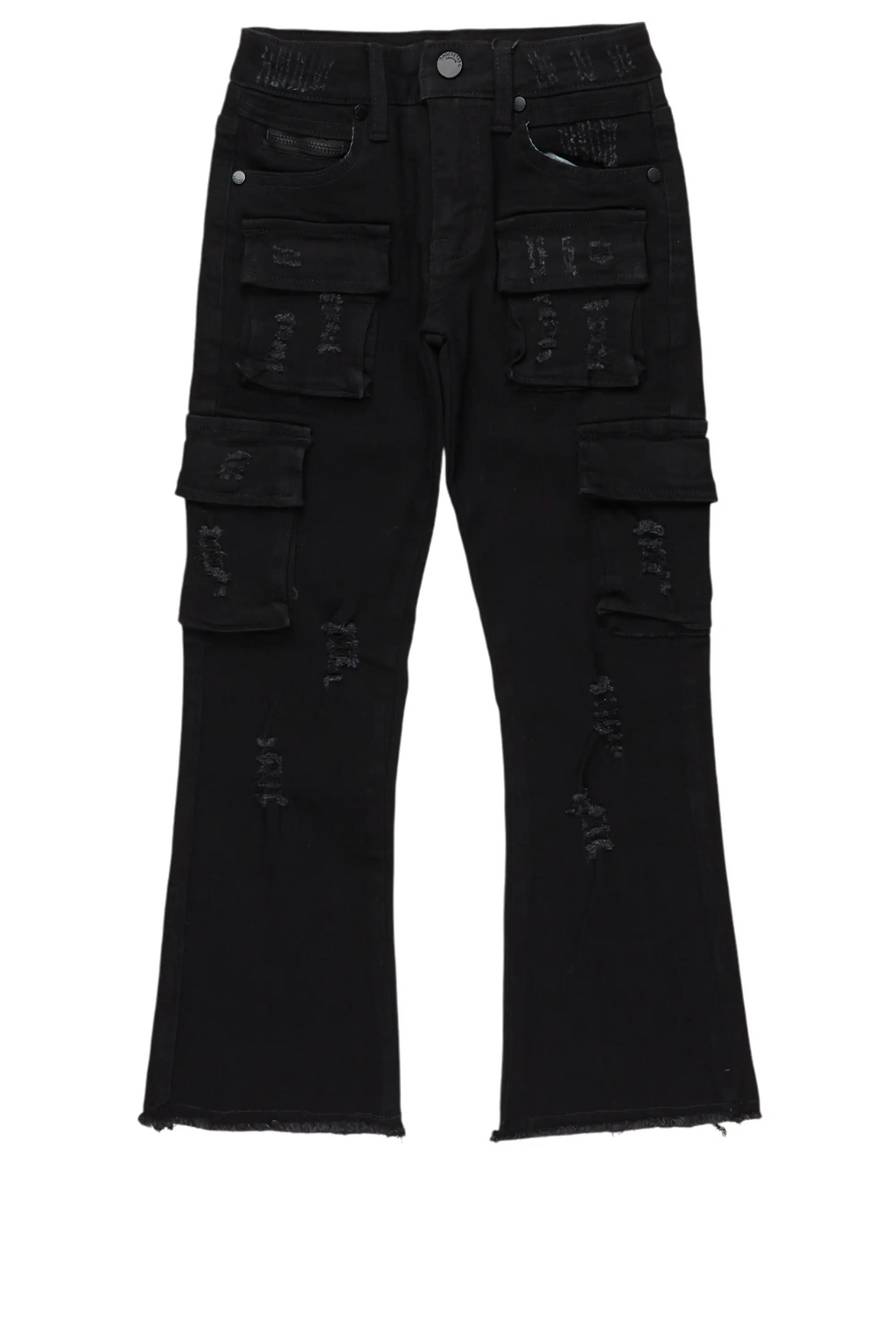 Boys Sterling Black Fringe Stacked Flared Cargo Jean