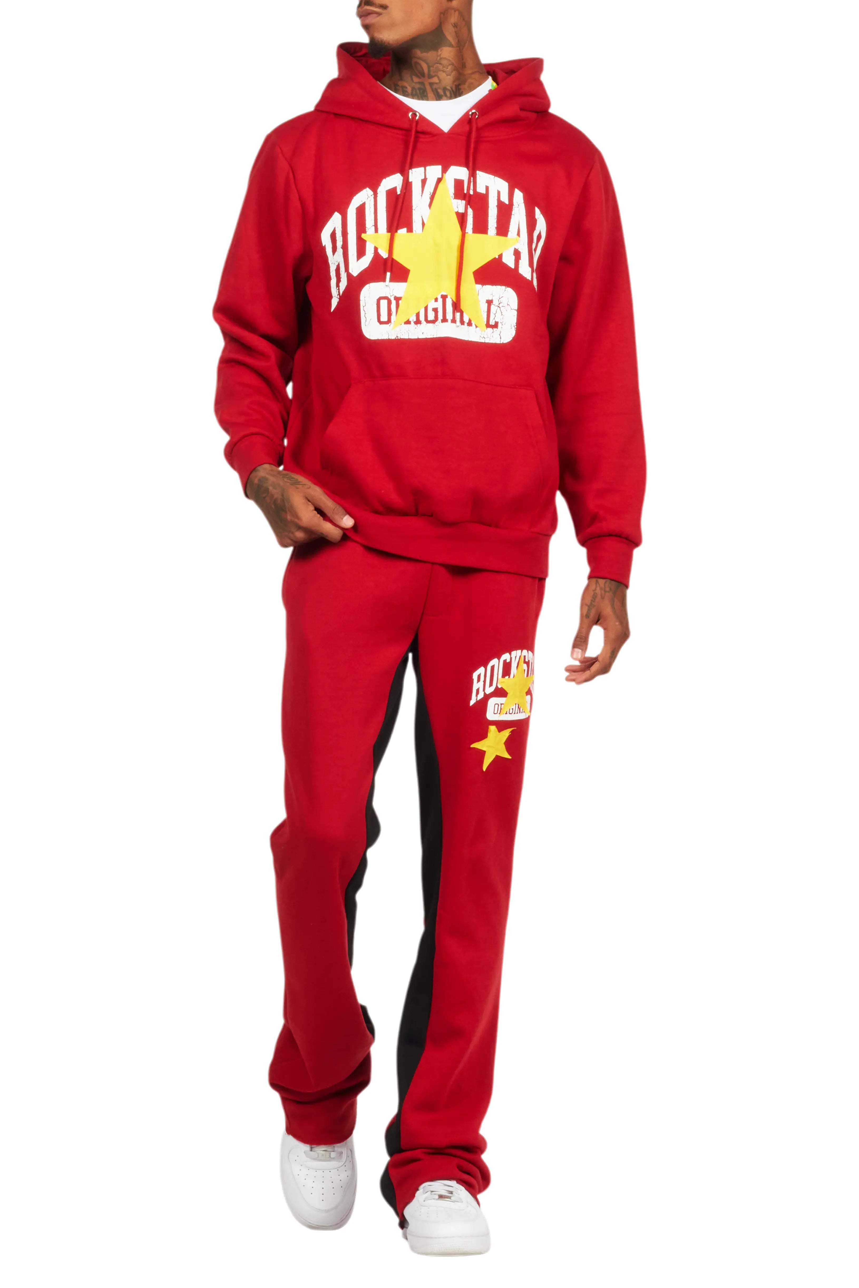 Mallor Burgundy Baggy Stacked Hoodie Track Set