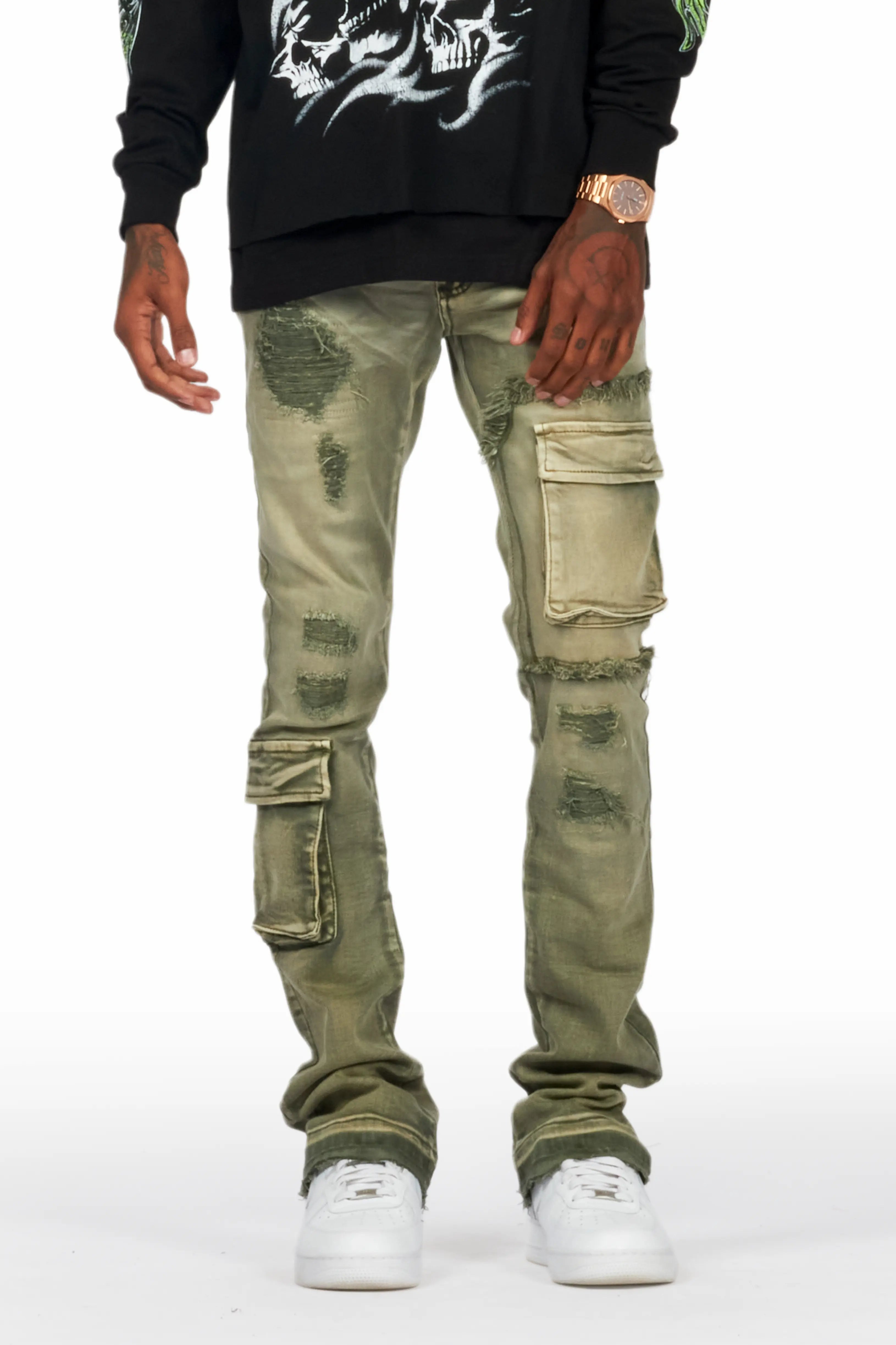 Zaxton Green Stacked Flare Jean