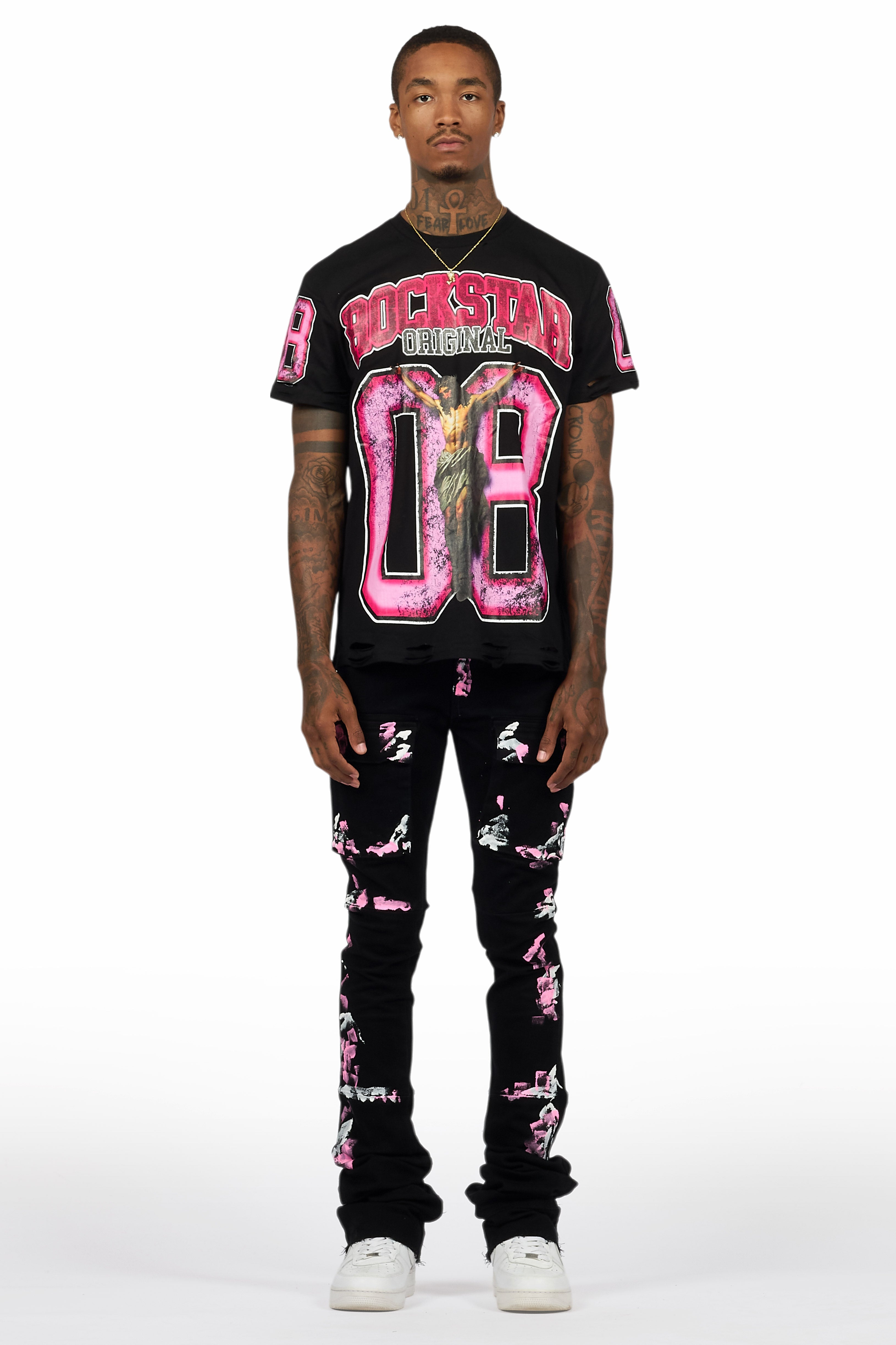 Fields Black T-Shirt/Nello Painted Super Stacked Flare Jean Set