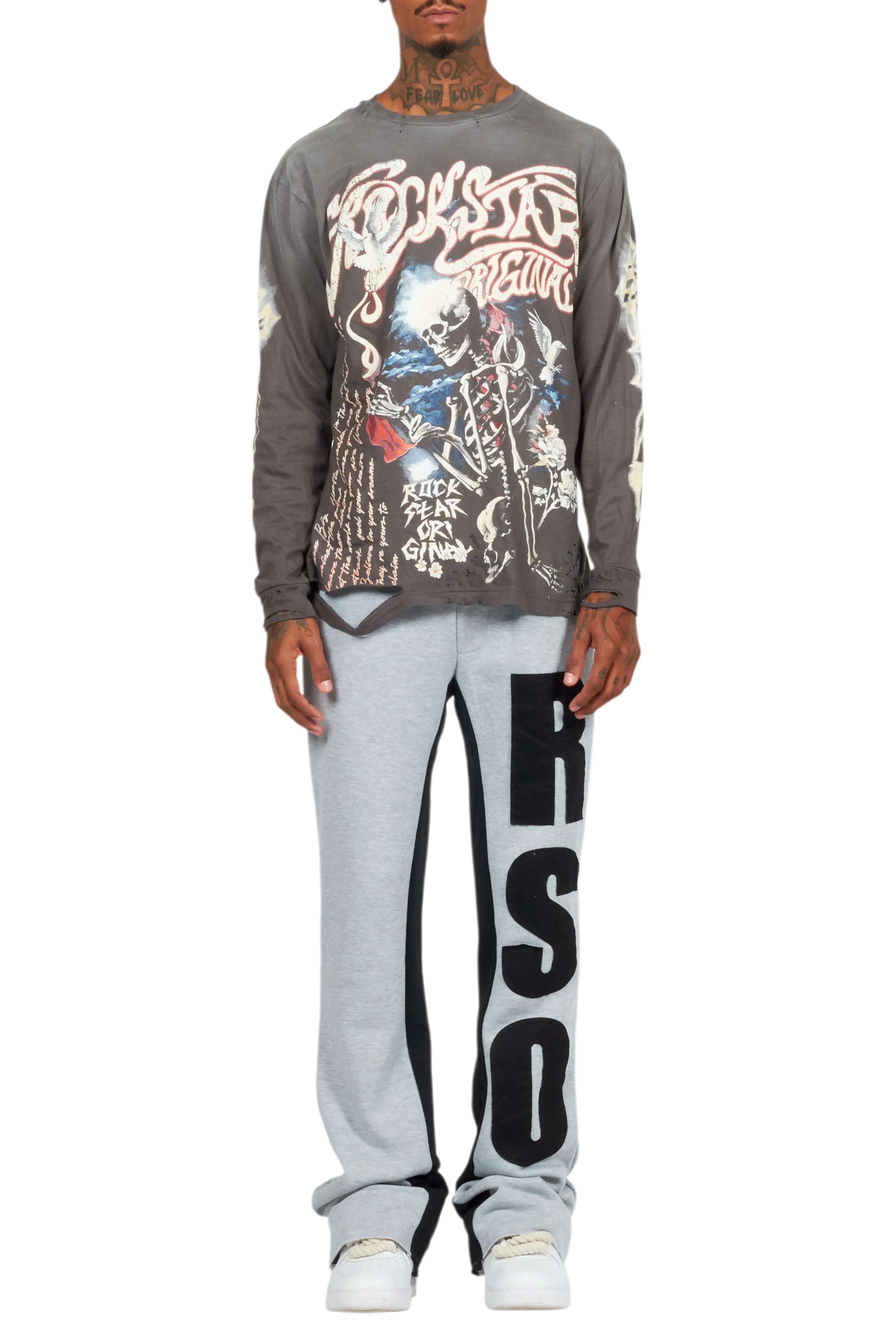 Uko Heather Grey Stacked Baggy Track Pant