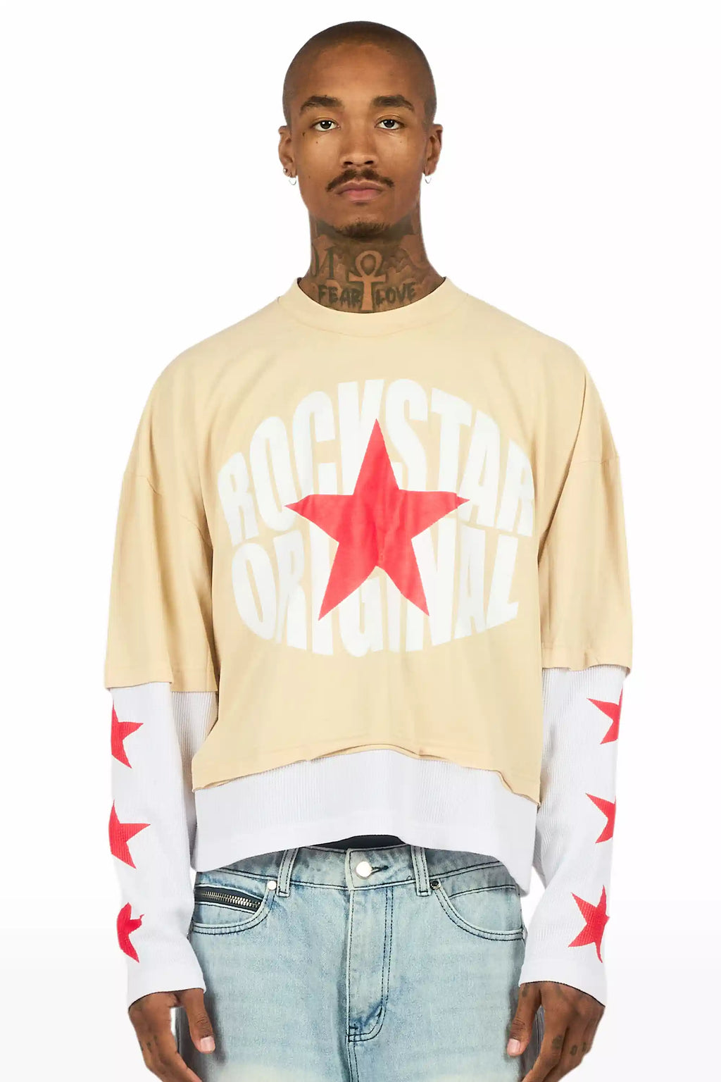 States Beige/White Boxy Crop Double Layer Tee