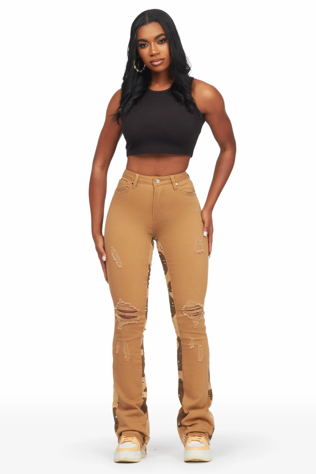 Khaleesy Tan/Camo Stacked Flare Jean