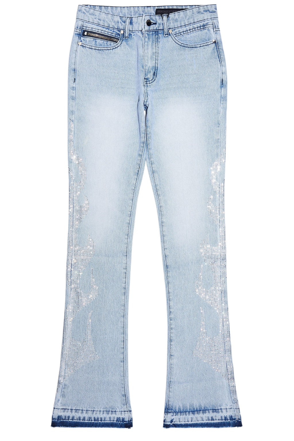 Jian Light Blue Rhinestone Stacked Flare Jean