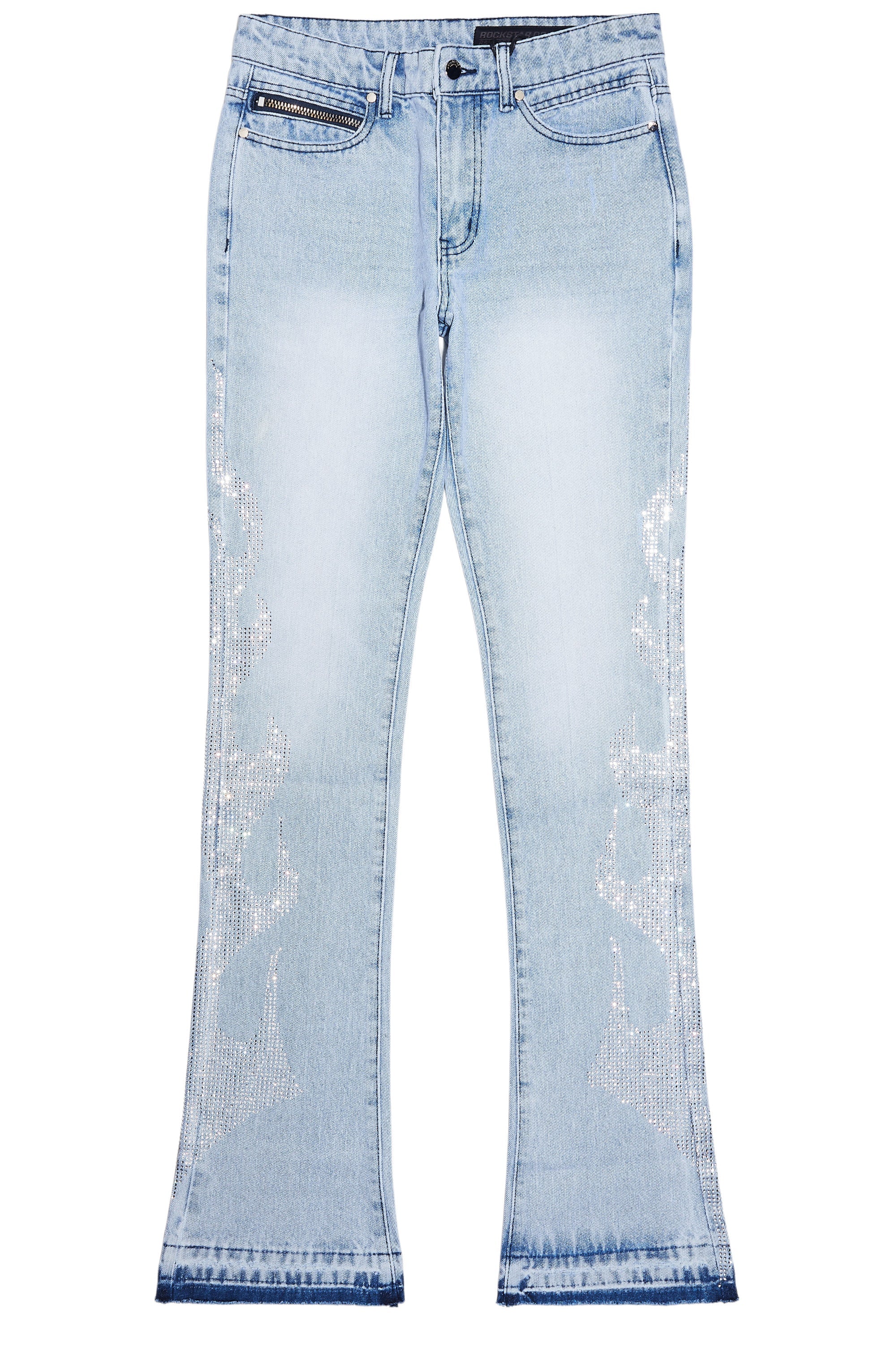 Jian Light Blue Rhinestone Stacked Flare Jean