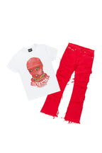Girls Isabella White/Red T-Shirt/Stacked Flare Jean Set