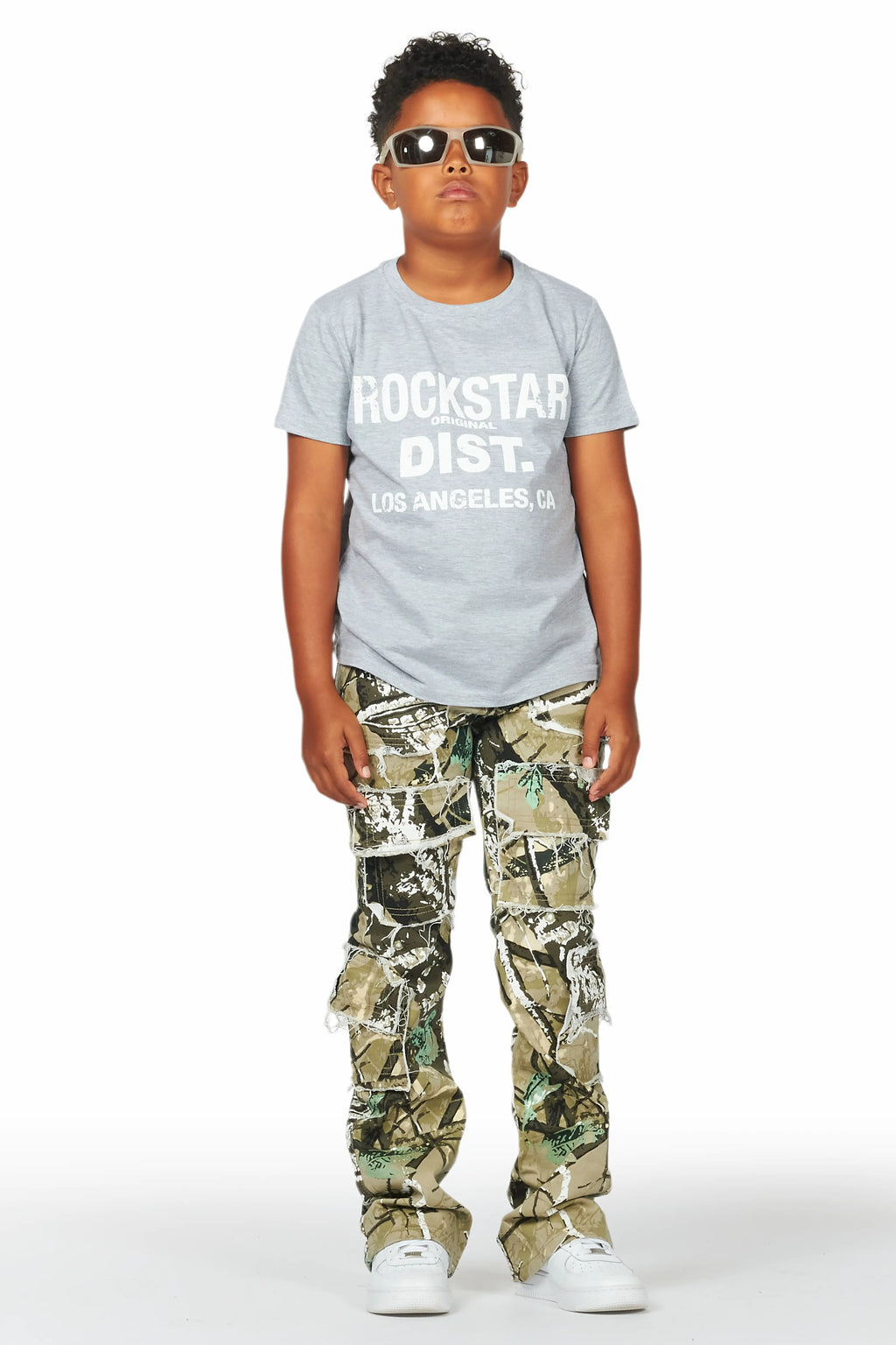 Boys Kyaire Grey/Tree Camo T-Shirt/Stacked Flare Jean Set