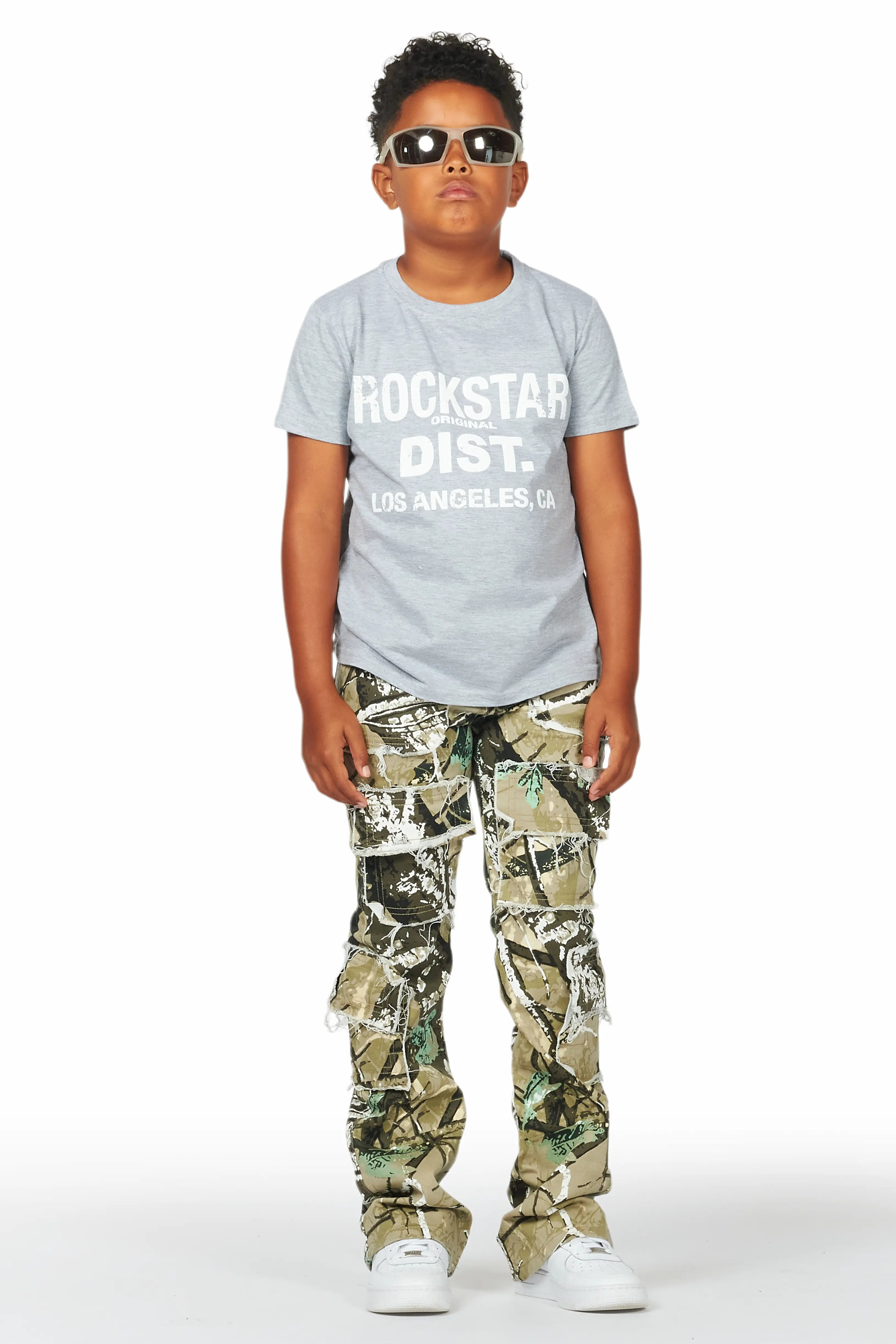 Boys Kyaire Grey/Tree Camo T-Shirt/Stacked Flare Jean Set