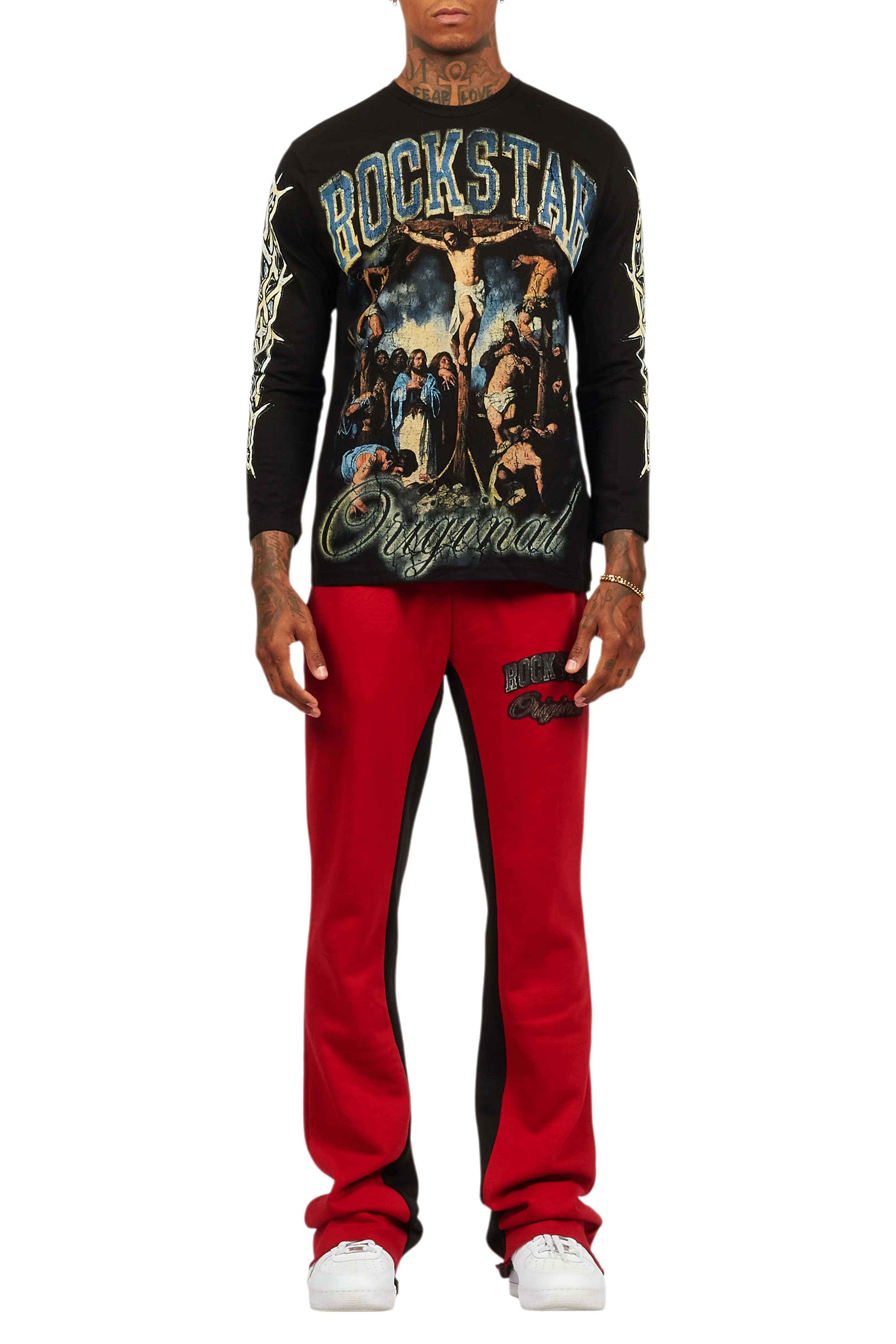 Waller Black/Burgundy Long Sleeve T-Shirt/Baggy Pant Set