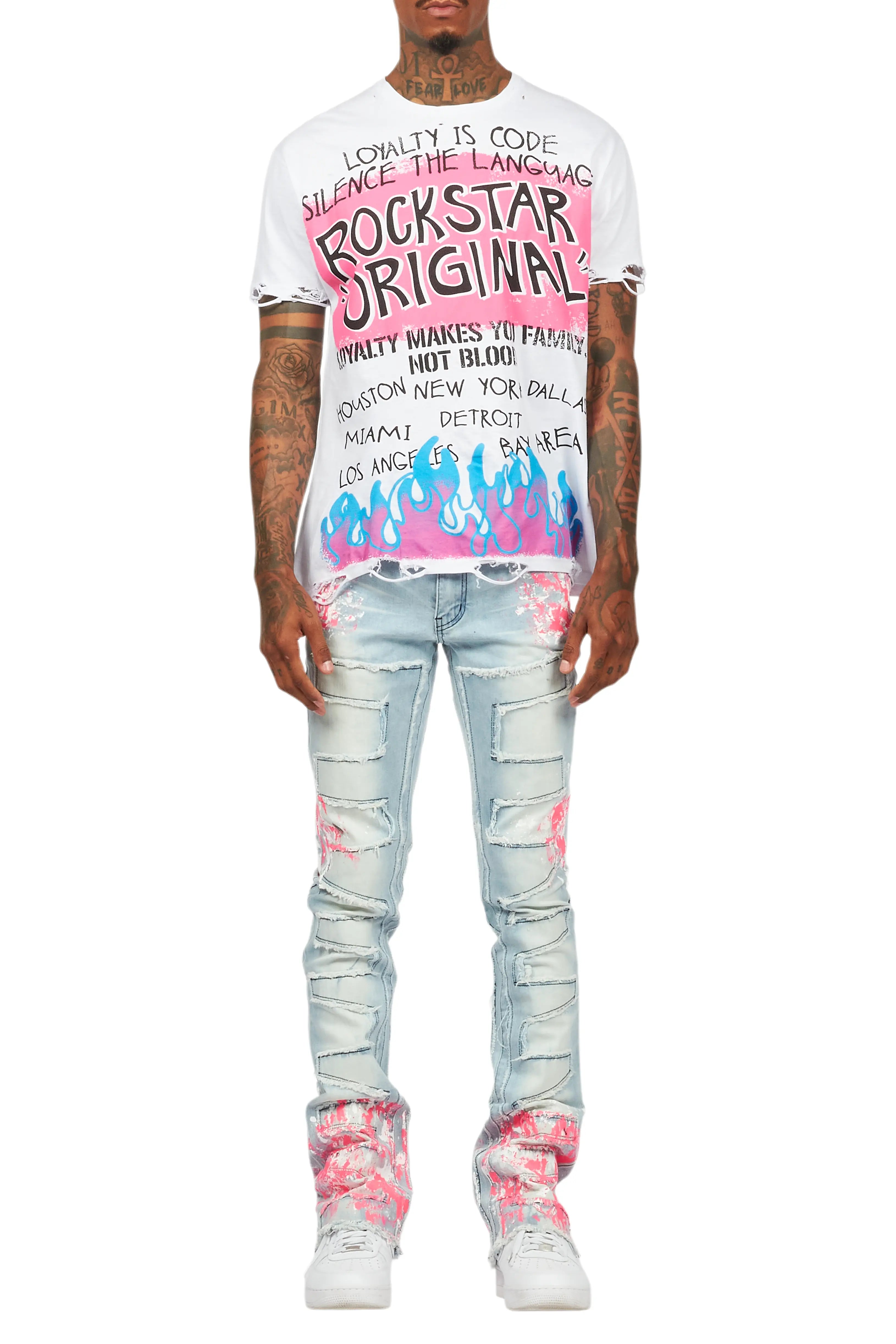 Kodak Blue/Pink Painter Stacked Flare Fringe Jean