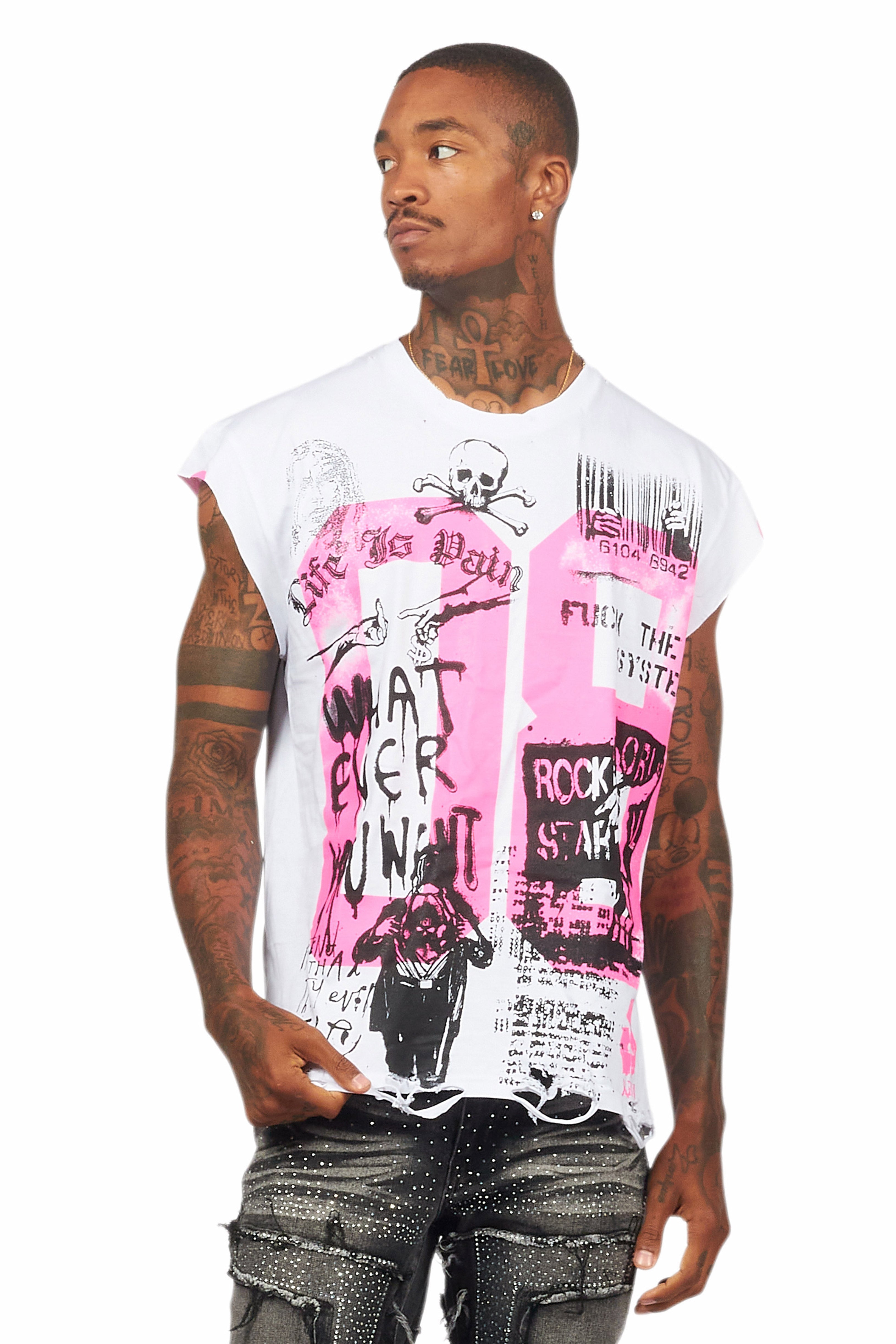 Grill White/Pink Graphic Muscle T-Shirt