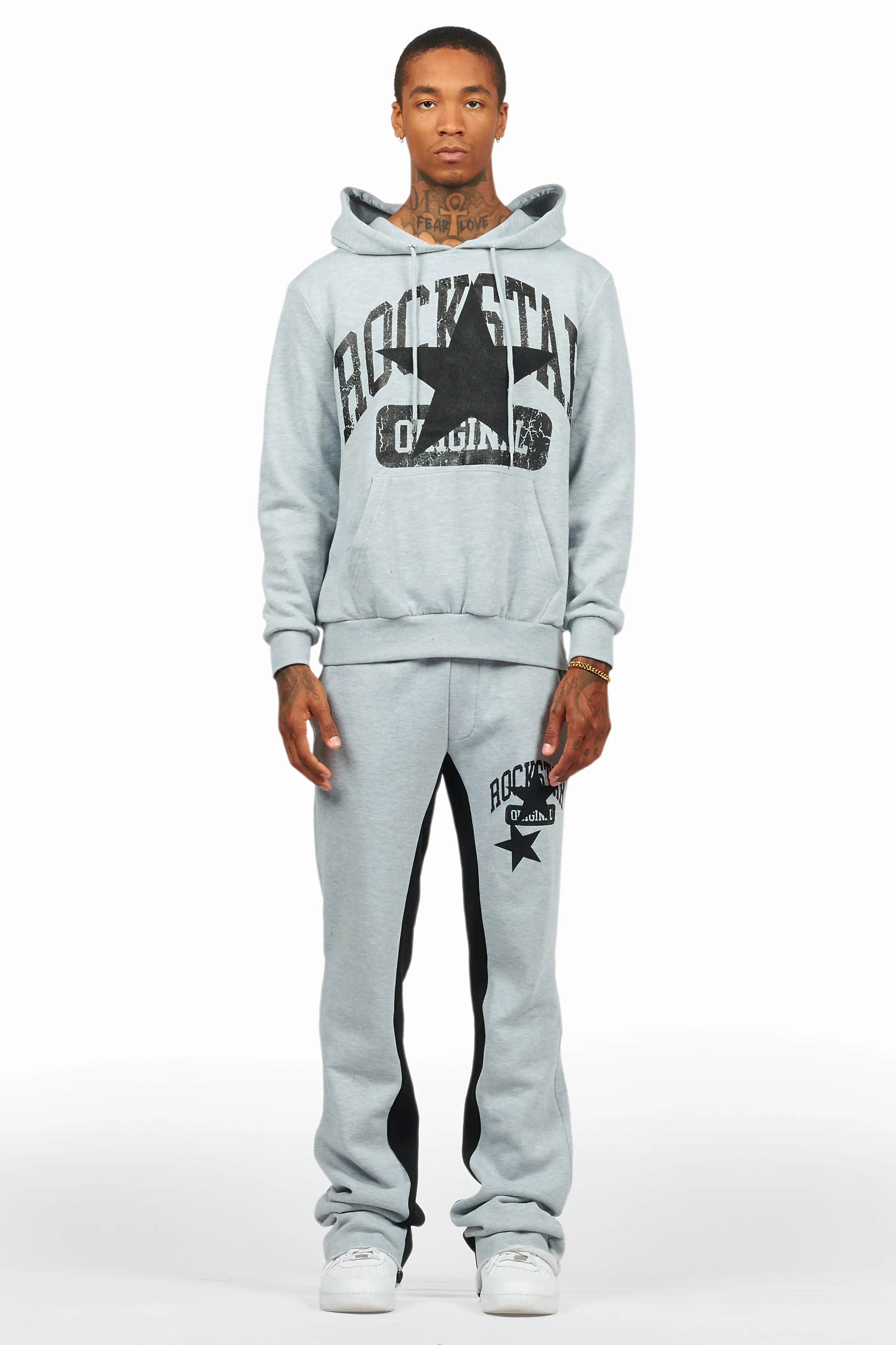 Mallor Heather Grey Baggy Stacked Hoodie Track Set