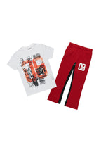 Boys Beau White/Burgundy T-Shirt/Stacked Baggy Flare Pant Set