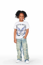 Girls Edina White/Blue T-Shirt/Stacked Flare Jean Set