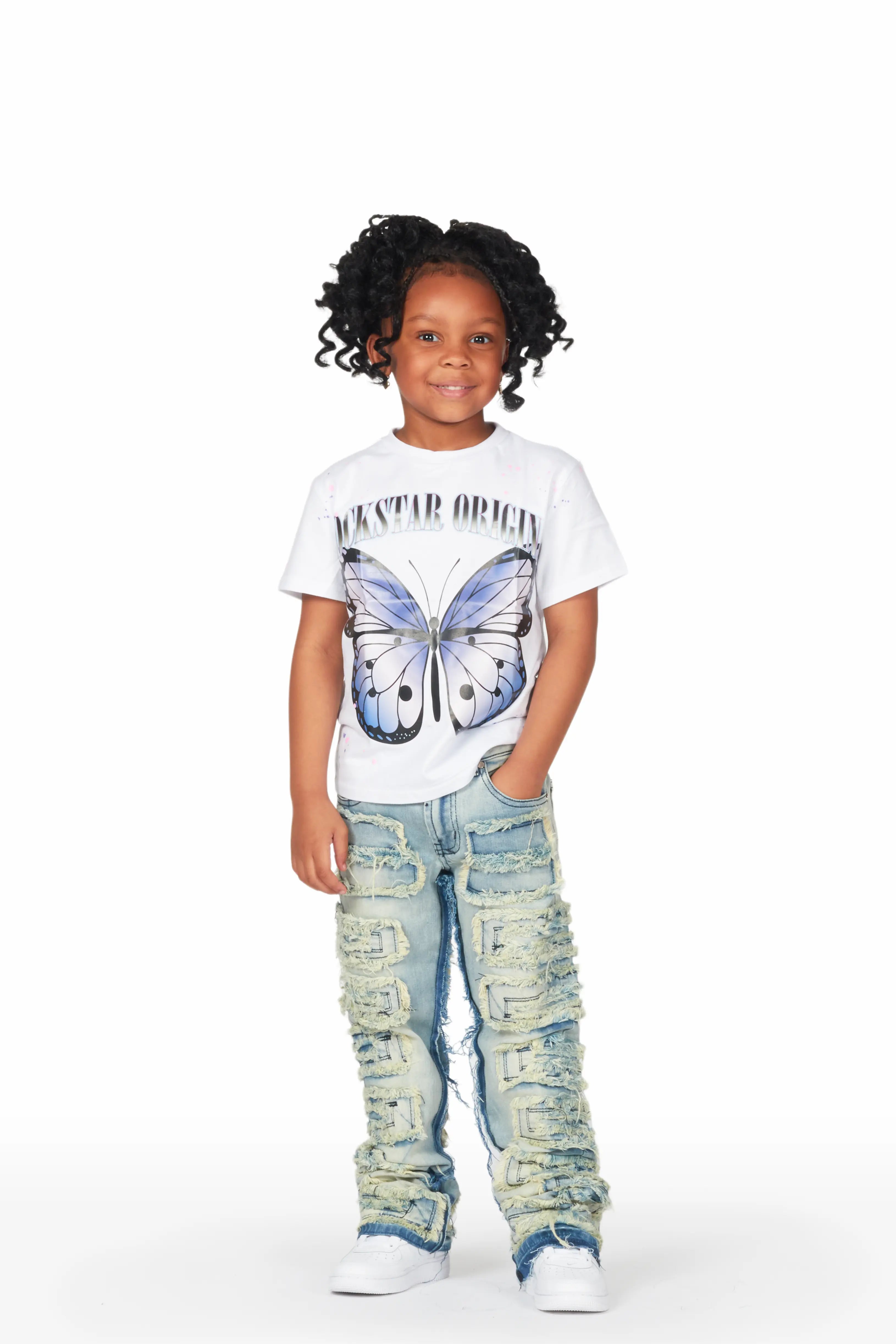 Girls Edina White/Blue T-Shirt/Stacked Flare Jean Set