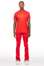 Sana Red T-Shirt/Dag Stacked Flare Jean Set