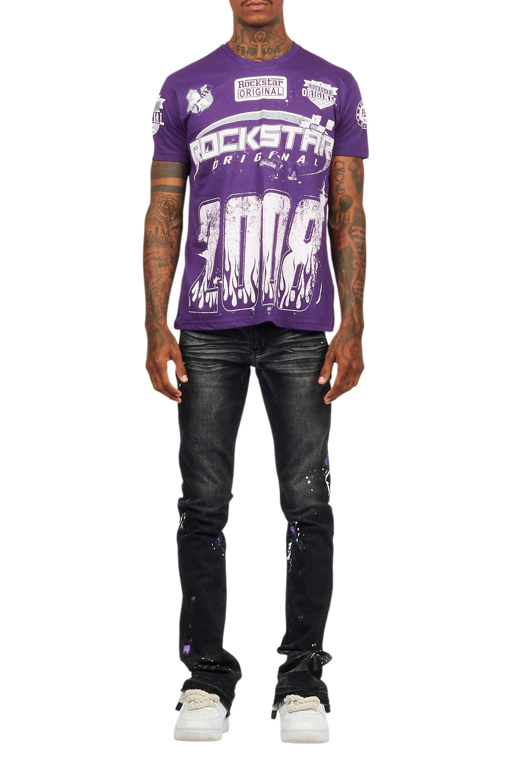 Amos Purple Graphic T-Shirt & Dag Dark Grey Jean Bundle