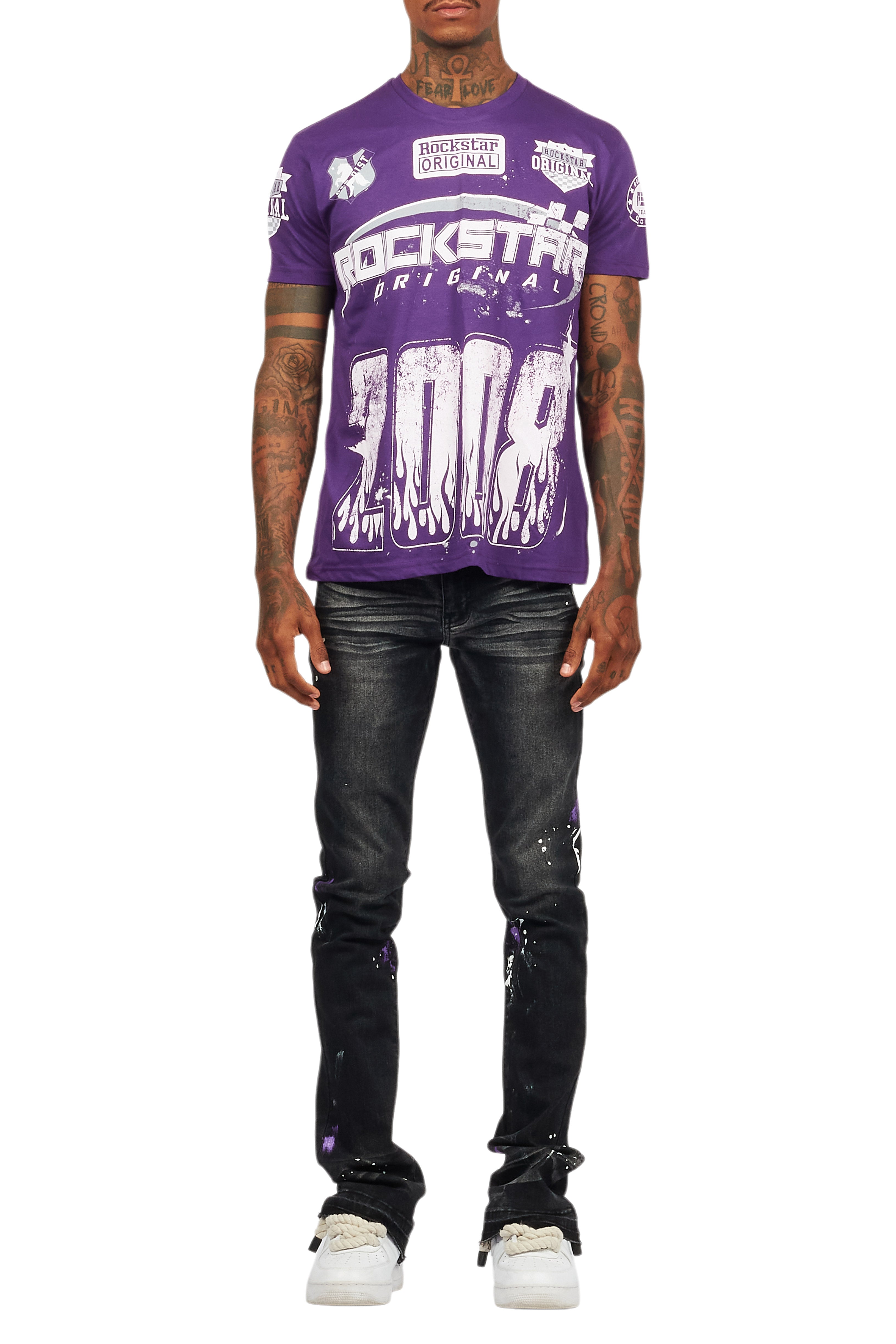 Amos Purple Graphic T-Shirt & Dag Dark Grey Jean Bundle