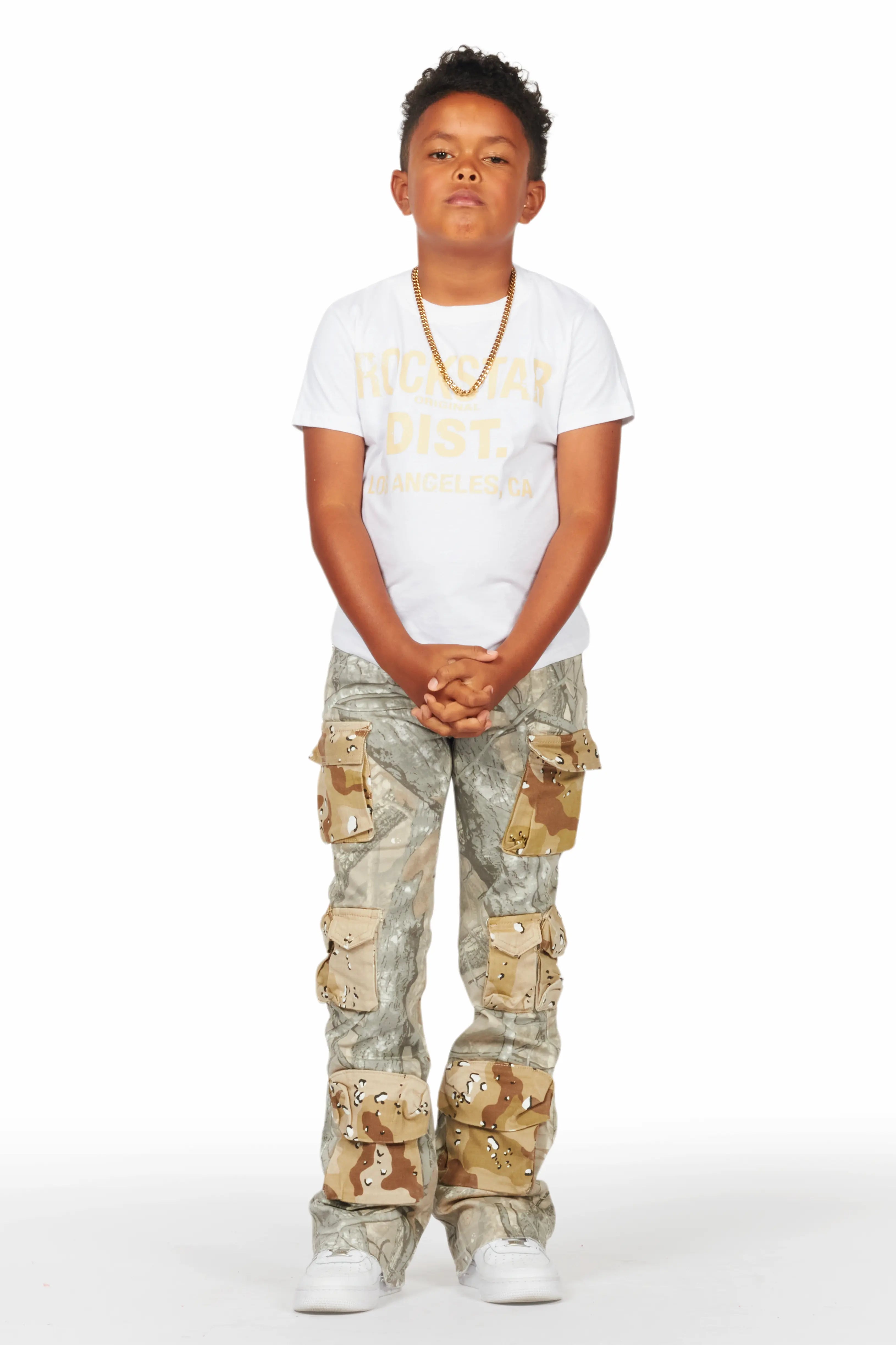 Boys Koen Beige Tree Camo T-Shirt/Stacked Flare Jean Set