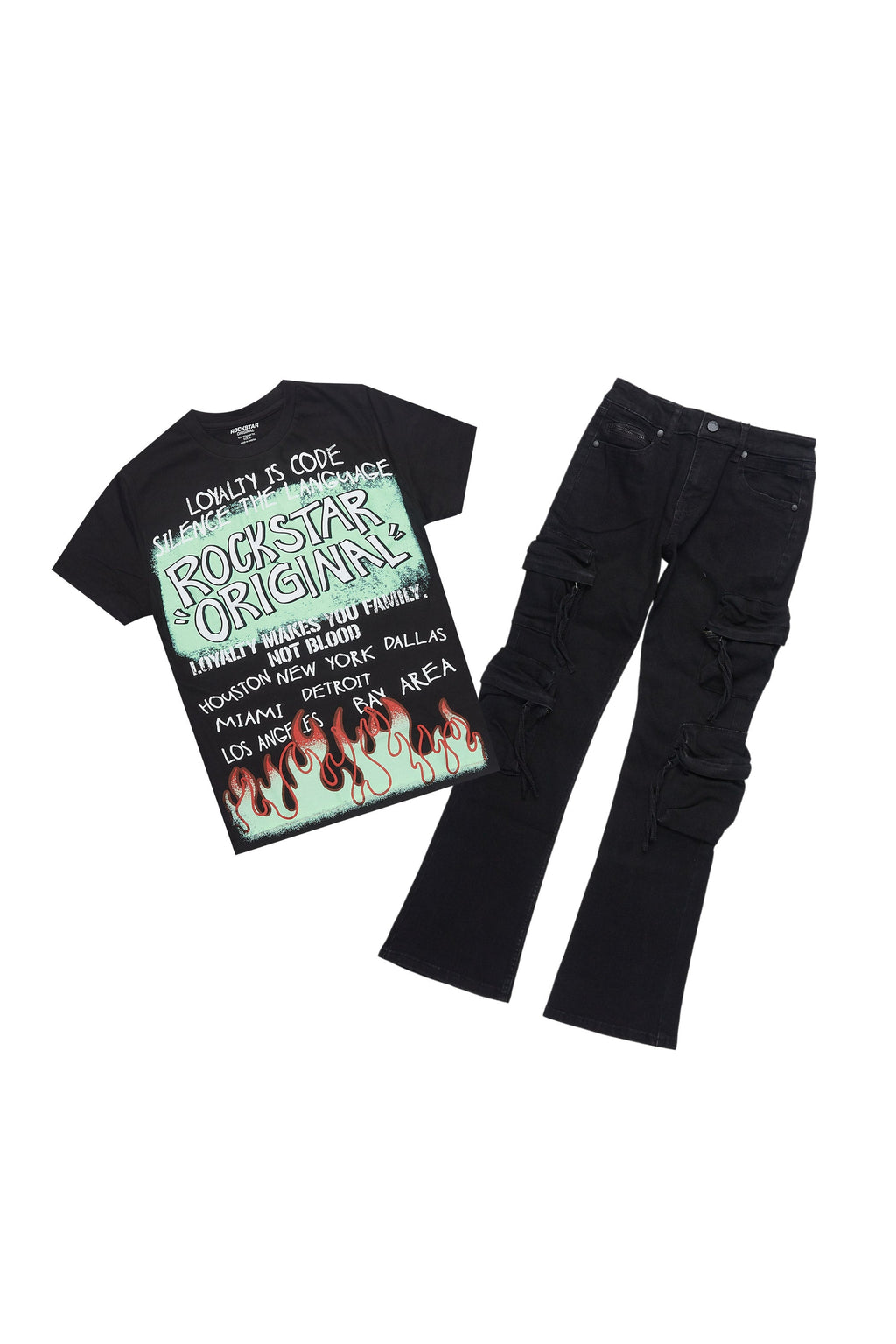 Boys Beno Black/Green T-Shirt/Stacked Flare Jean Set