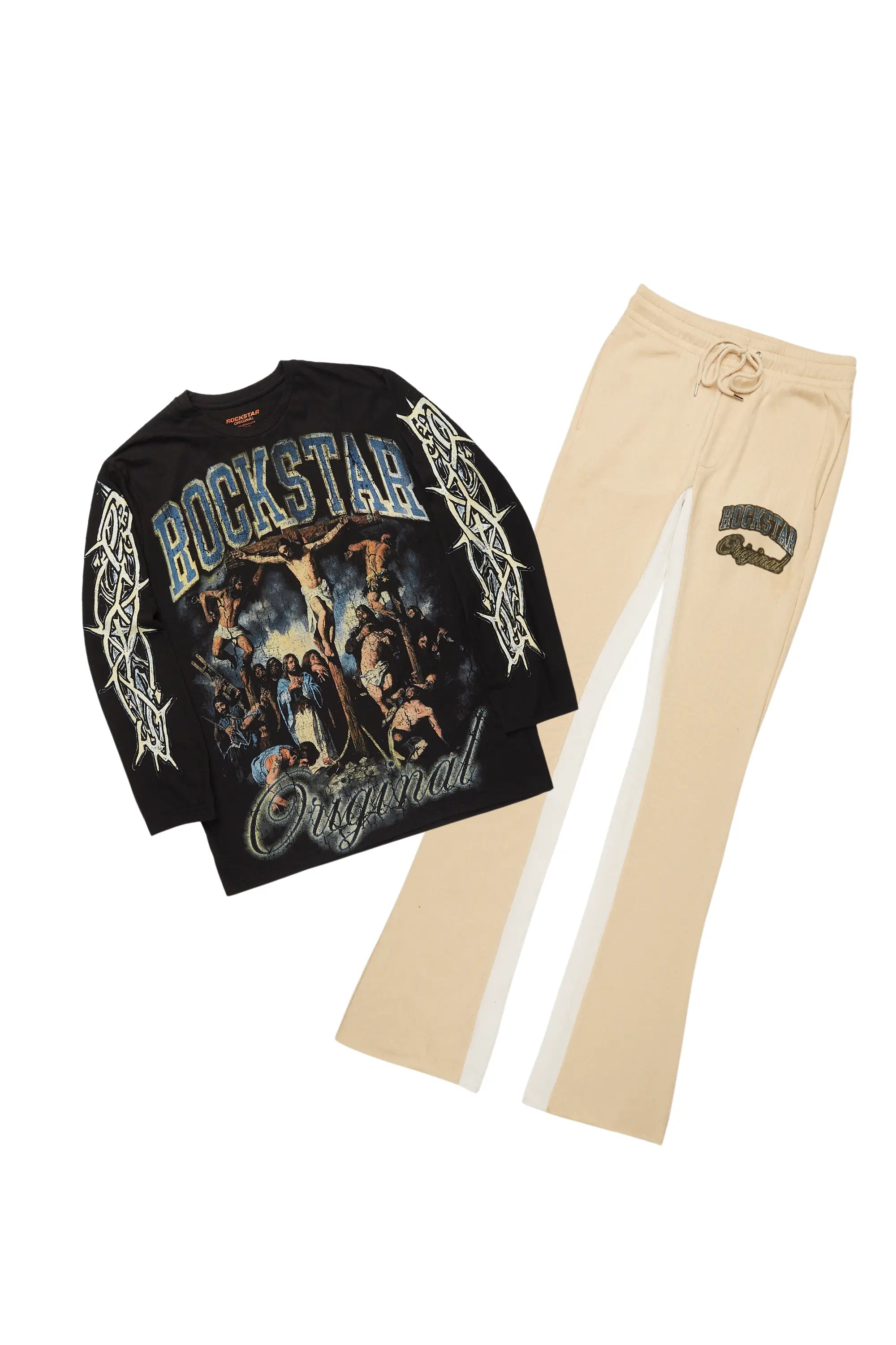 Waller Black/Beige Long Sleeve T-Shirt/Baggy Pant Set