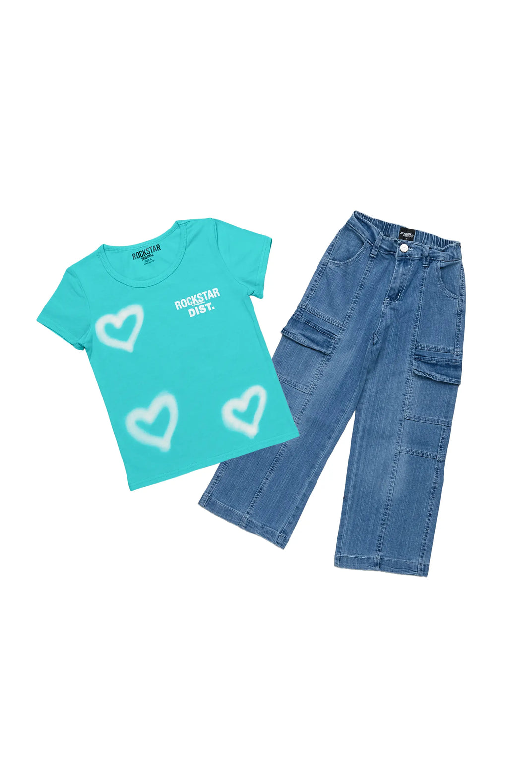 Girls Merald Green T-Shirt Wide Leg Cargo Jean Set