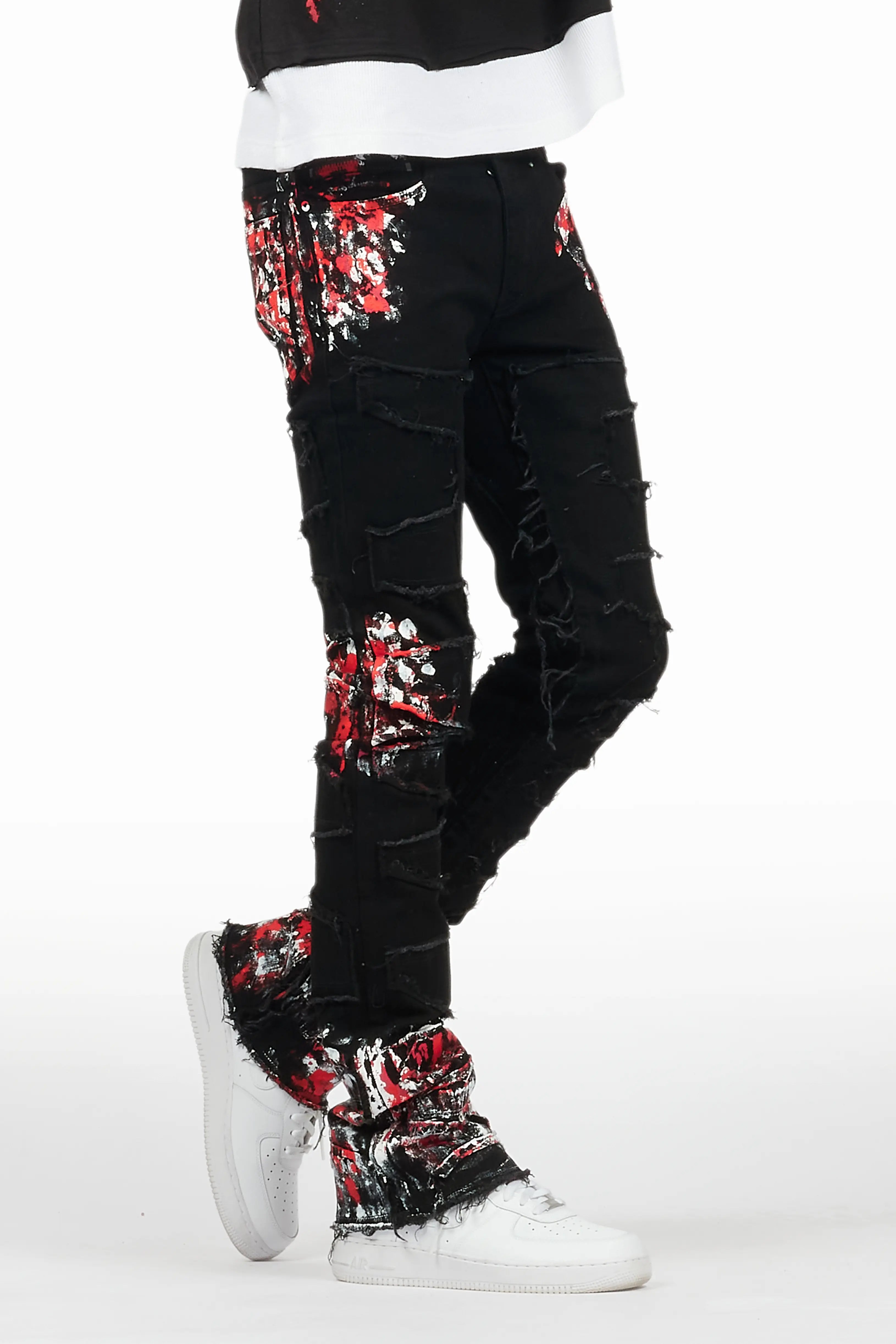 Kodak Black/Red Painter Stacked Flare Fringe Jean