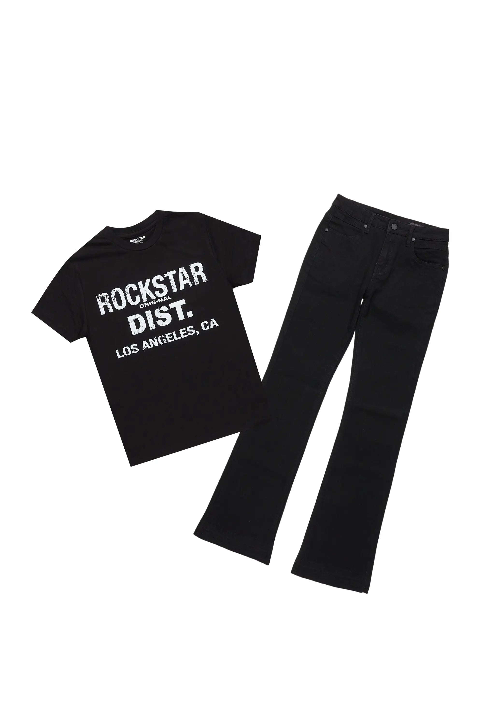 Boys Lake Black/White T-Shirt/Dag Stacked Flare Jean Set
