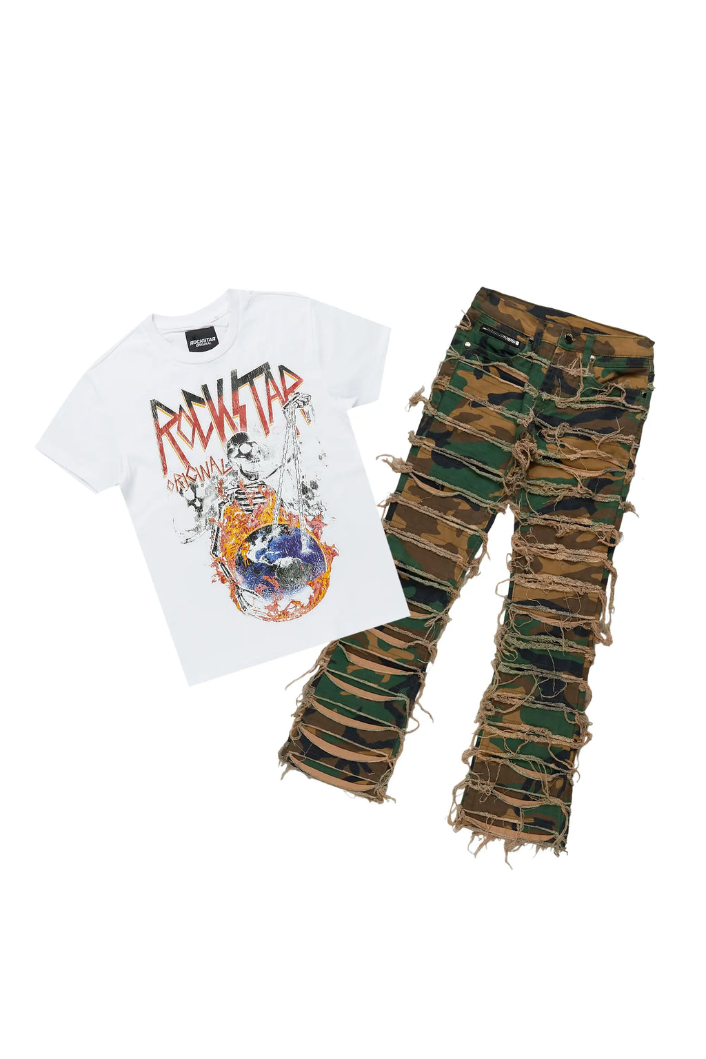 Boys Barrett Camo/White T-Shirt/Stacked Flare Jean Set
