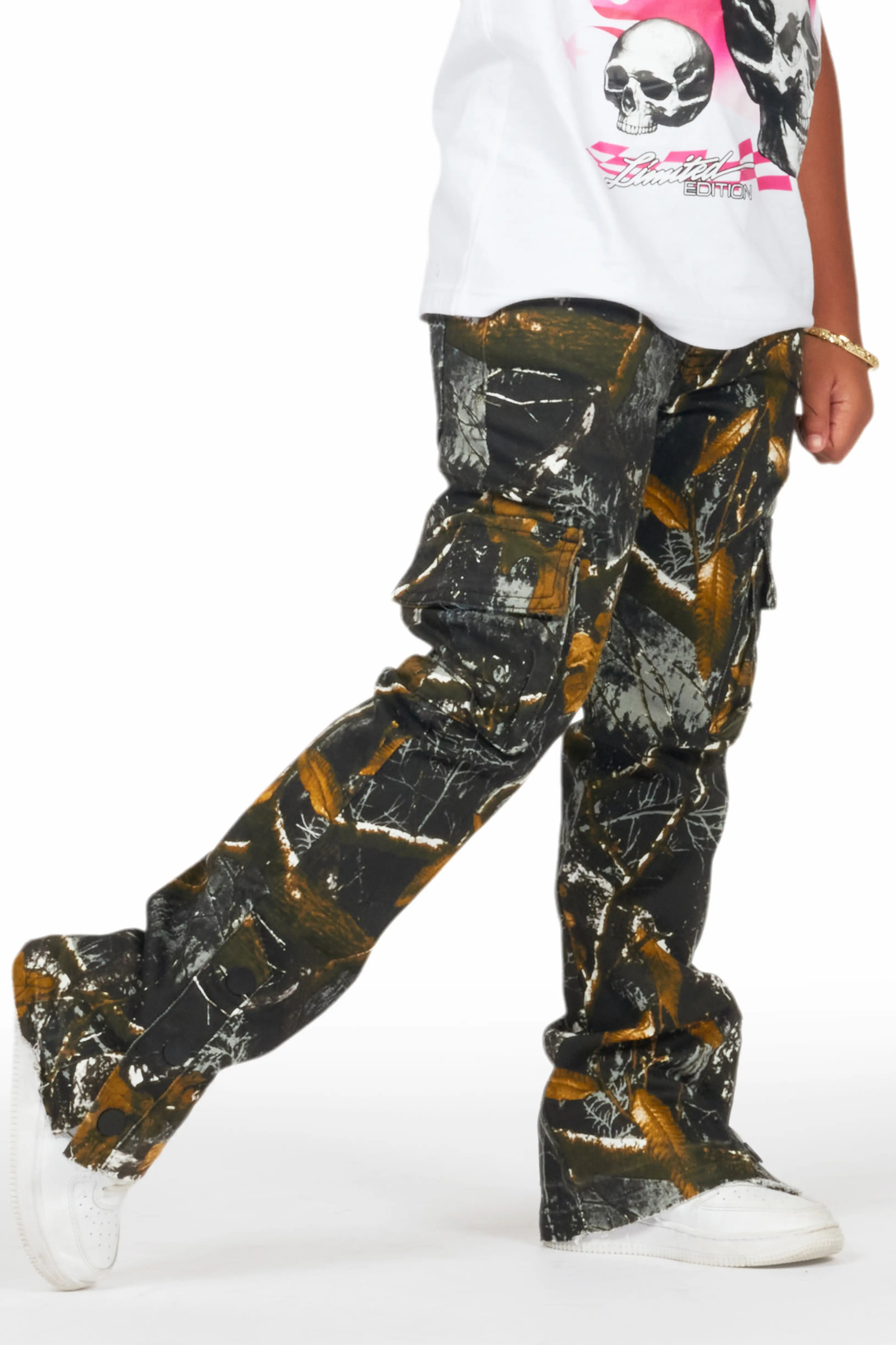 Girls Waapa Black Tree Camo Stacked Flare Cargo Jean