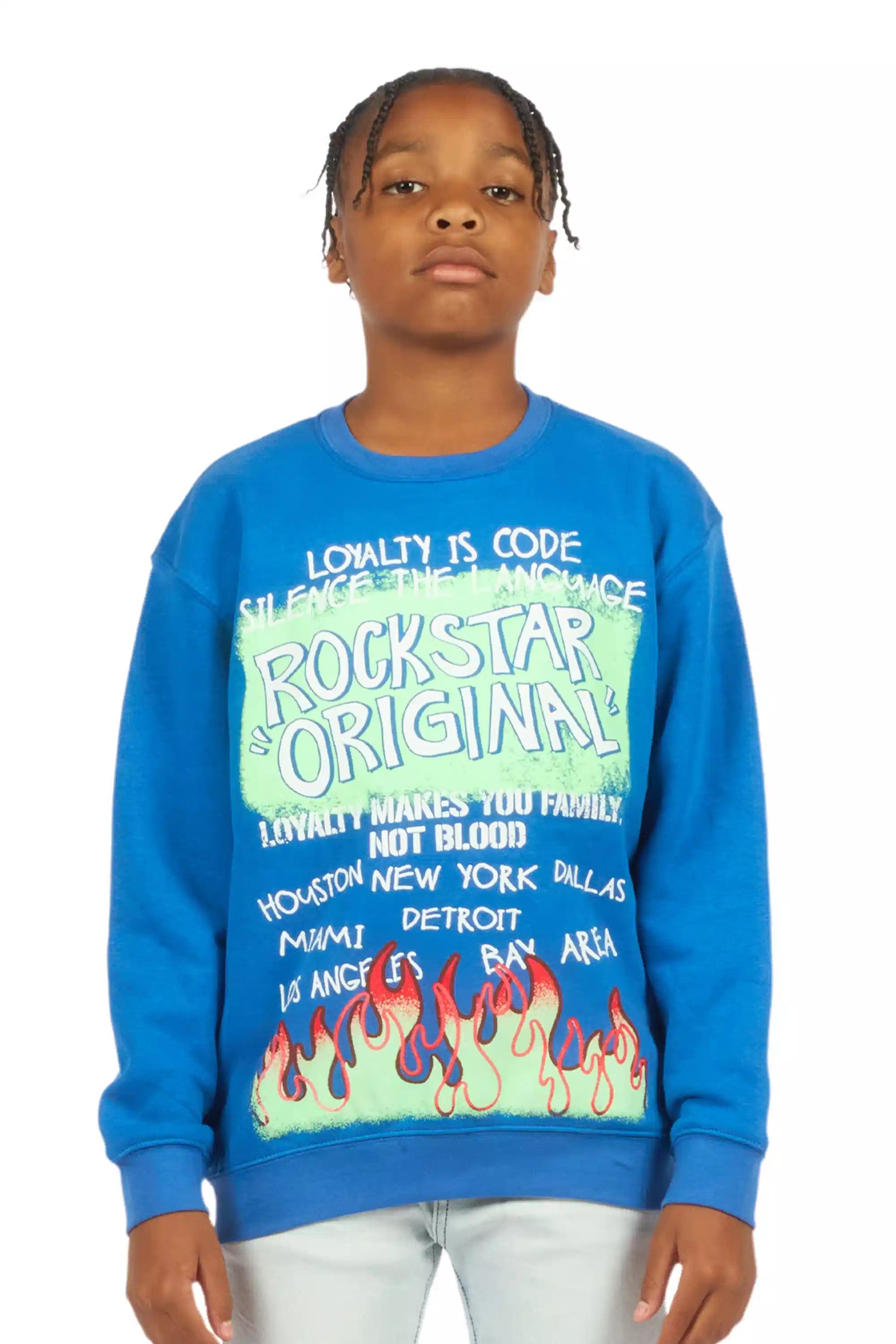 Boys Beno Royal Blue/Green Graphic Crewneck