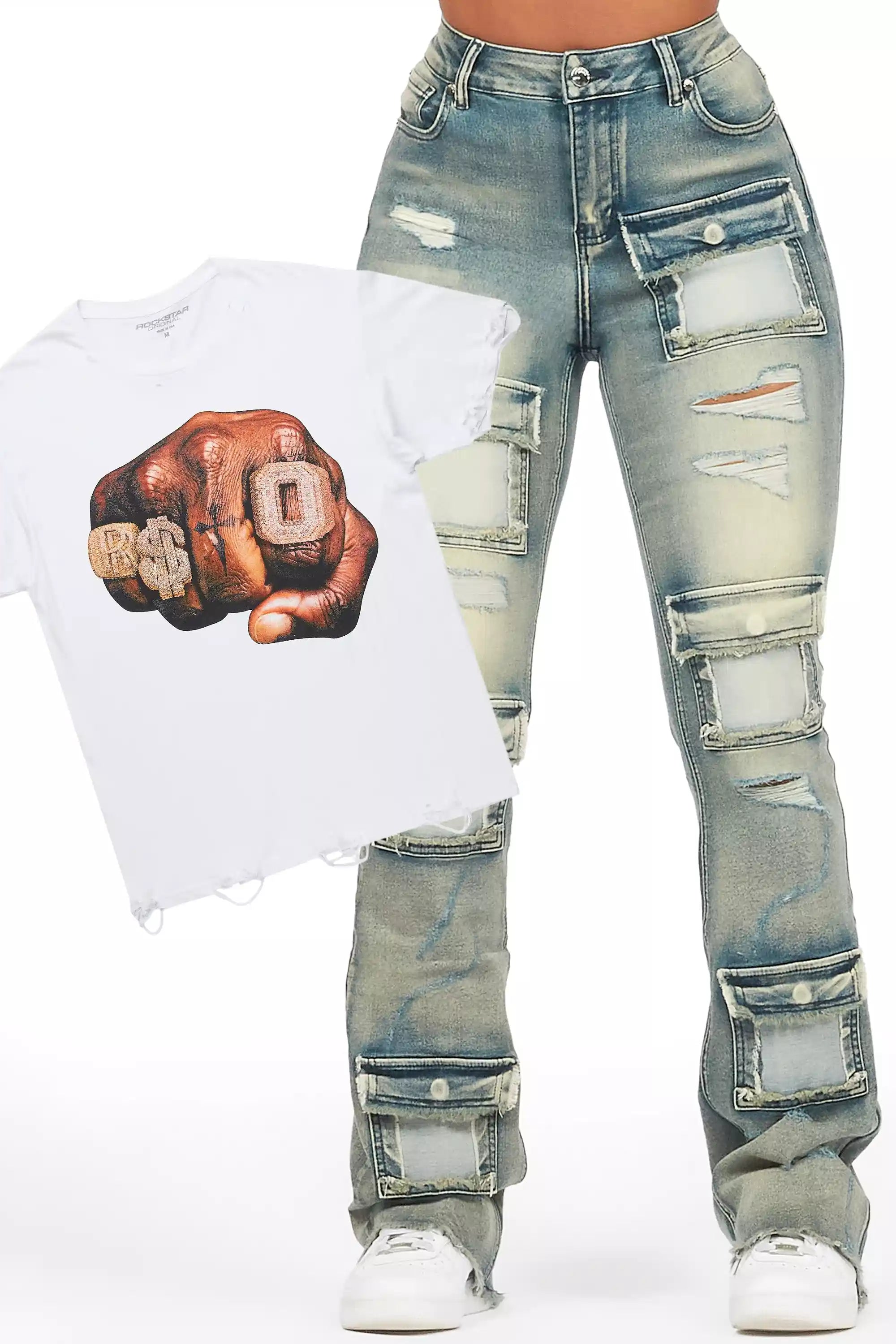 Aleeana White Tee & Mashawi Blue Wash Jean Set