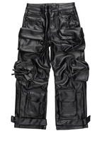 Boys Lenz Black PU Cargo  Leather Baggy Fit Jean