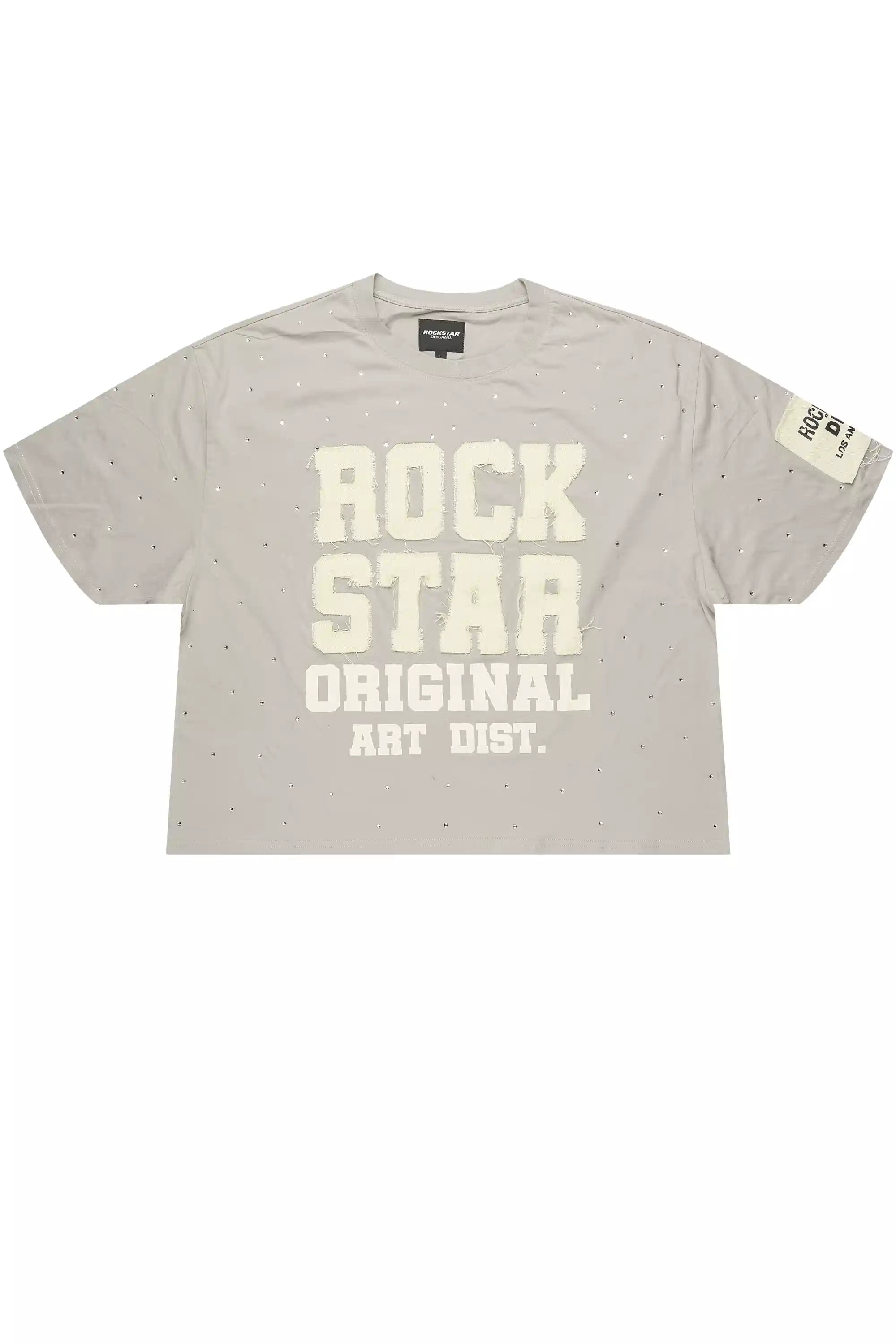 Yulian Grey Boxy Crop Rhinestone T-Shirt