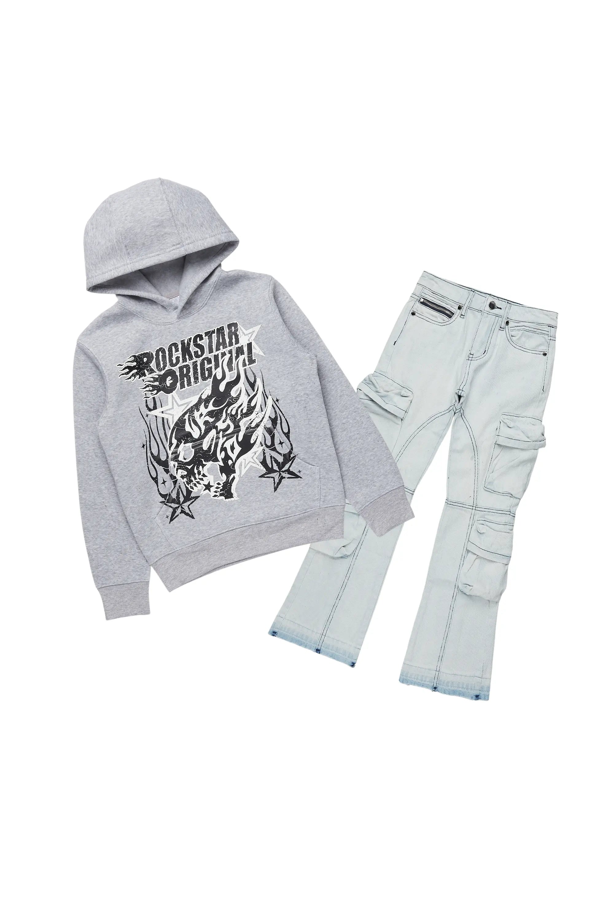 Boys Smitty Grey Hoodie/Stacked Flare Jean Set