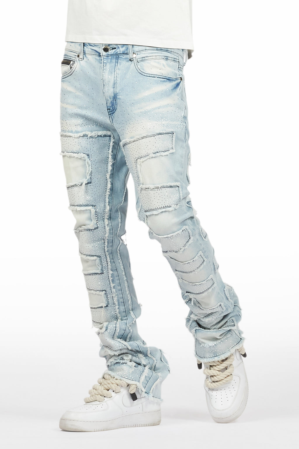 Shake Light Blue Rhinestone Stacked Flare Jean