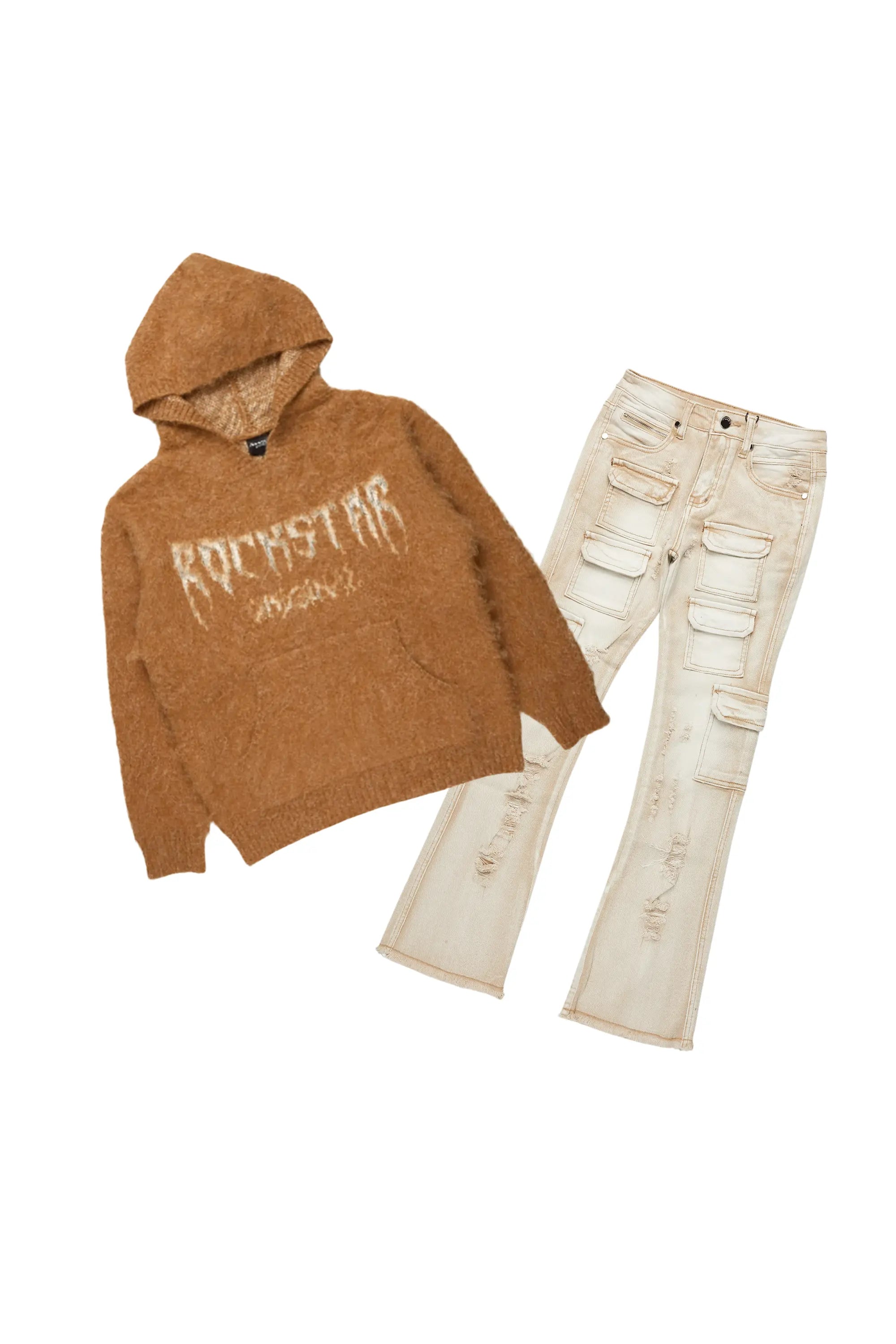 Boys Andros Brown/Tan Mohair Hoodie/Stacked Flare Jean Set