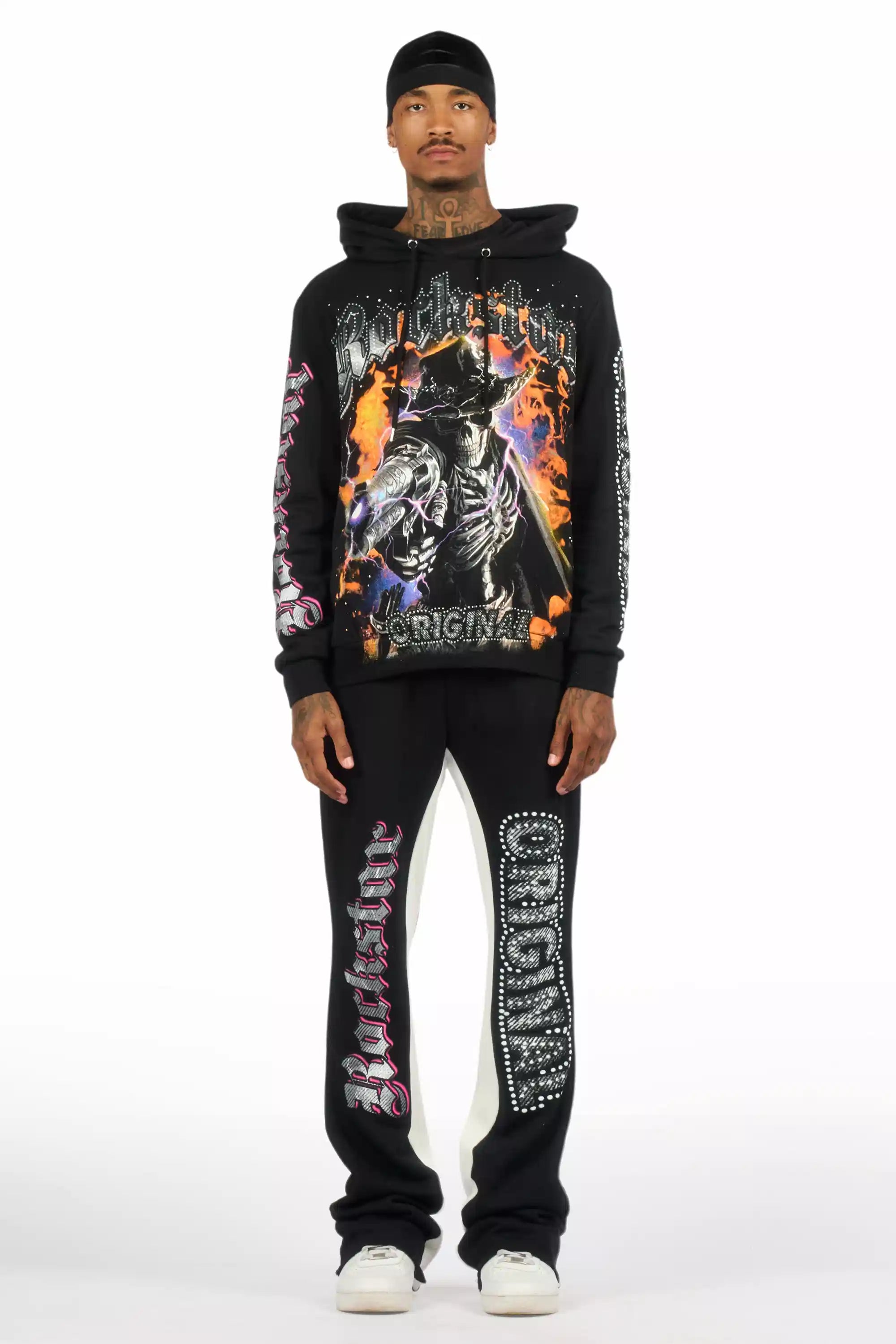 Bixner Black/Multi Hoodie/Baggy Stacked Track Pant Set