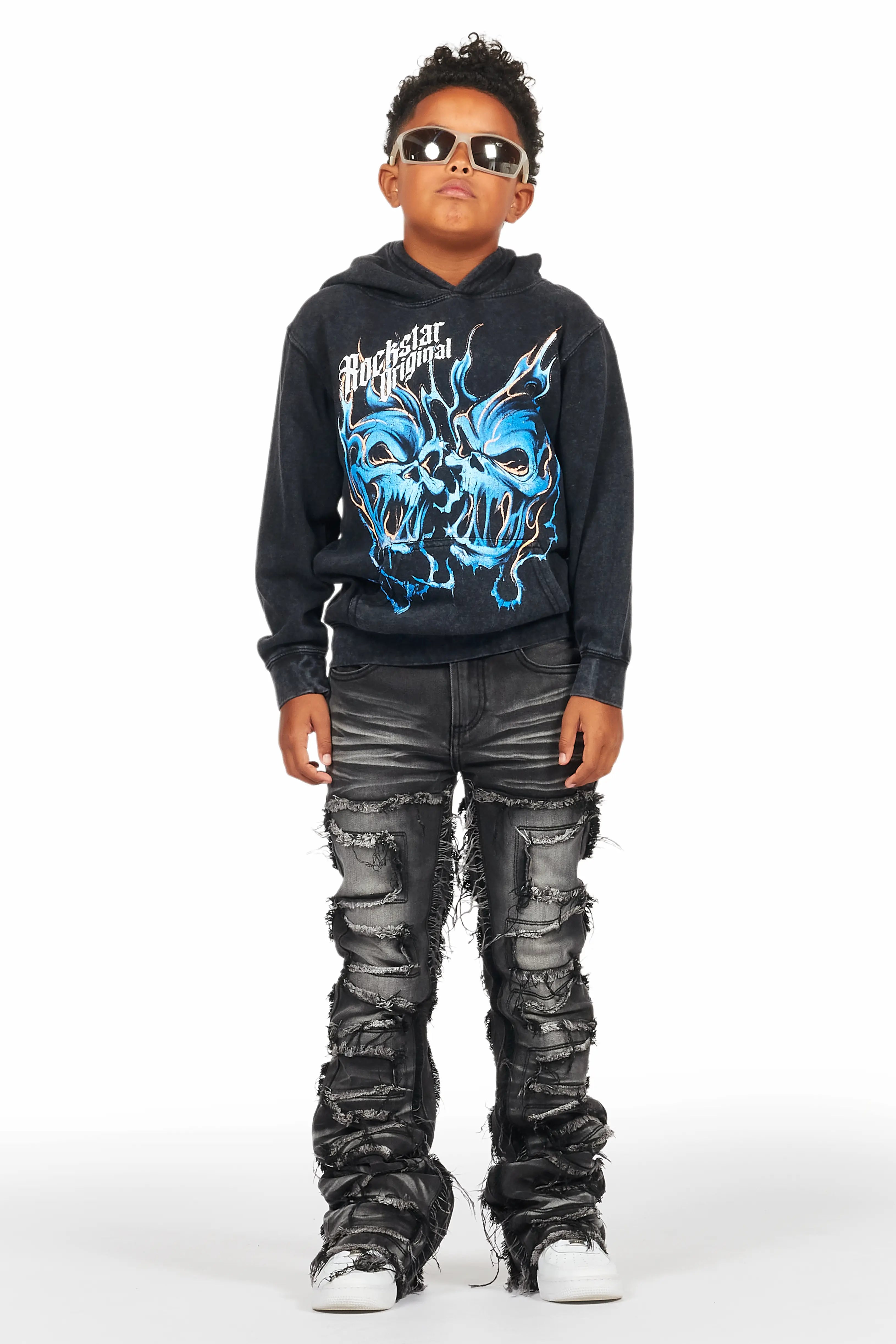 Boys Texastea Vintage Black Hoodie/Stacked Flare Jean Set