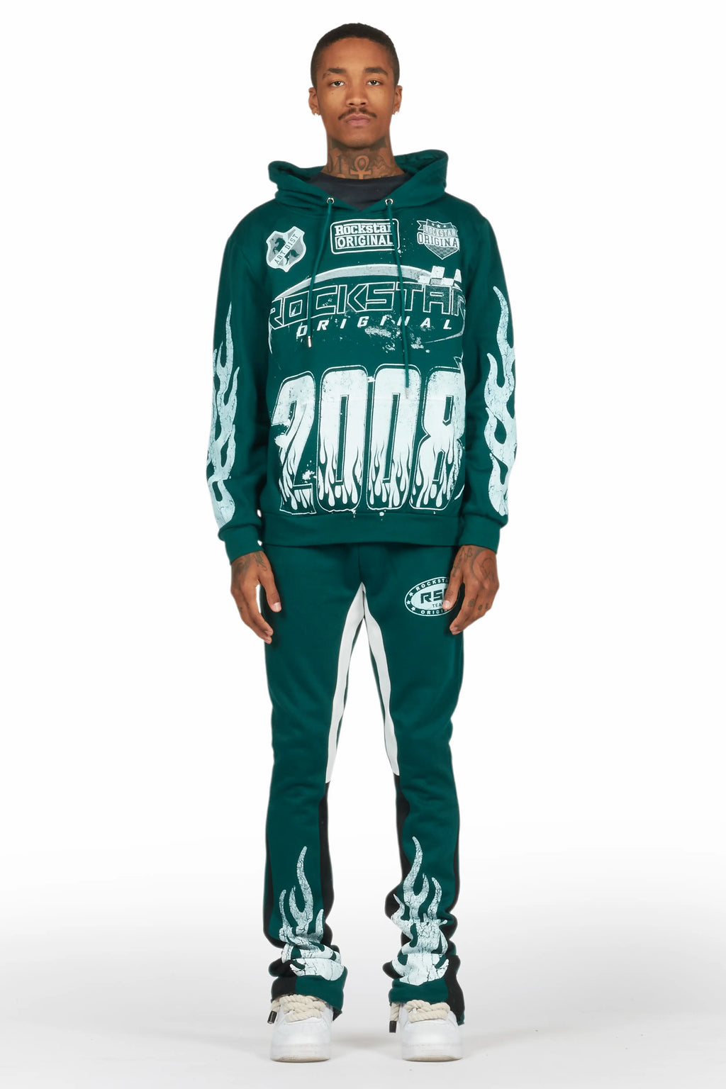 Amos Dark Green Stacked Flare Hoodie Track Set
