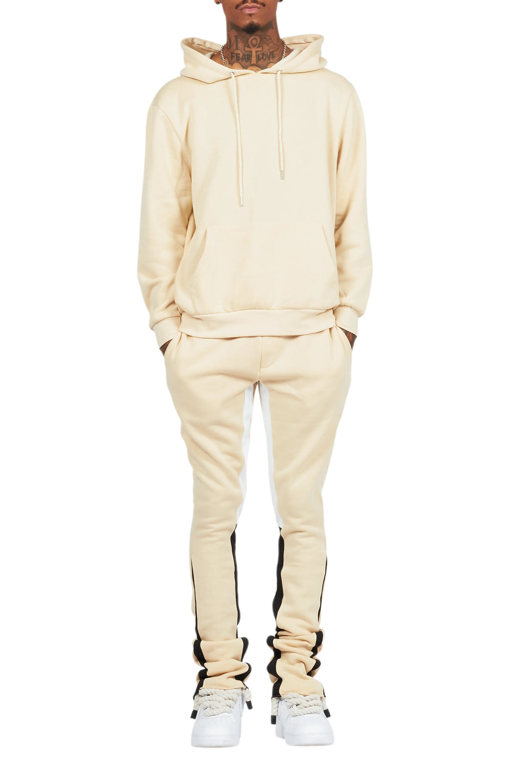 Basic Beige Hoodie/Stacked Flare Track Set
