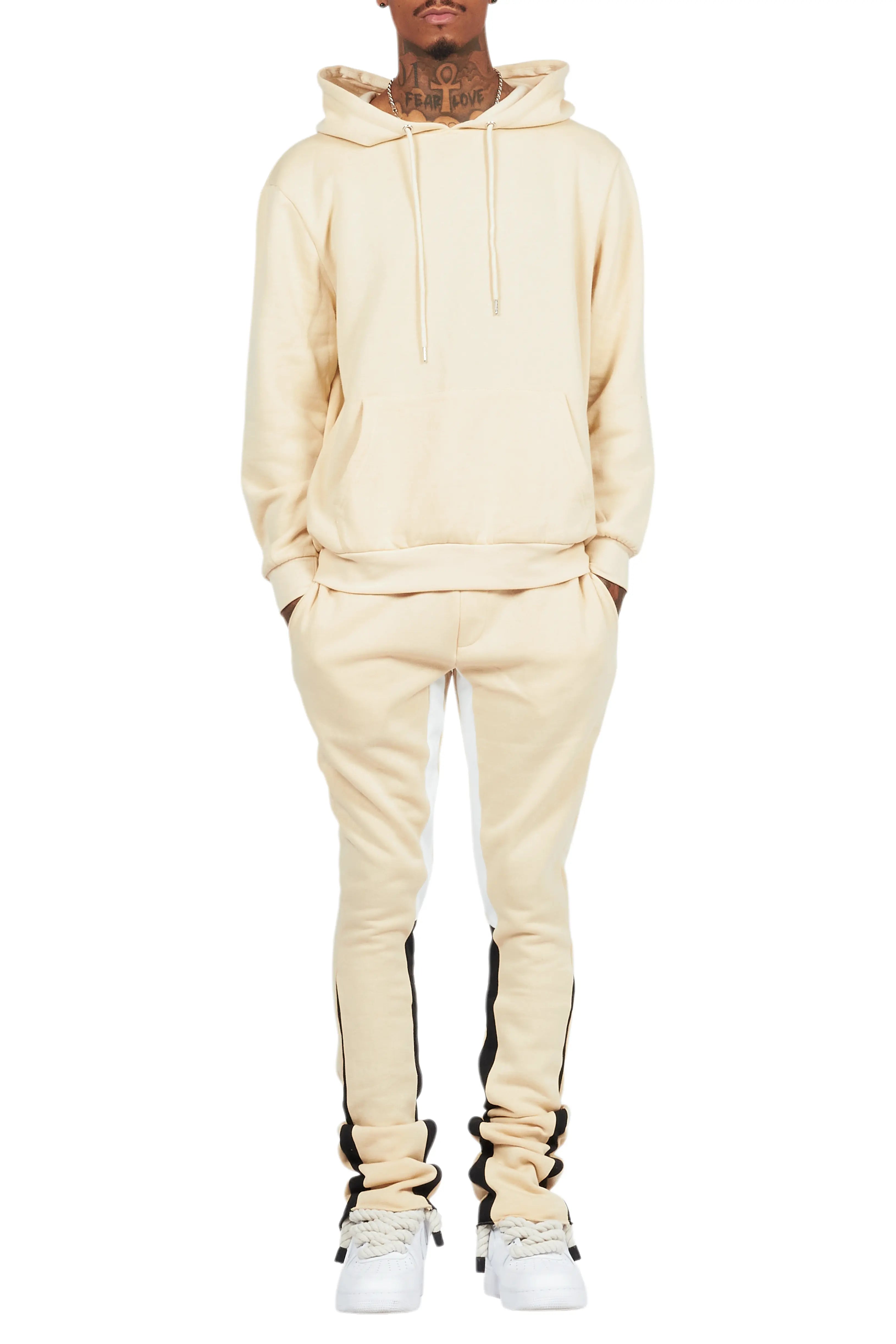 Basic Beige Hoodie/Stacked Flare Track Set