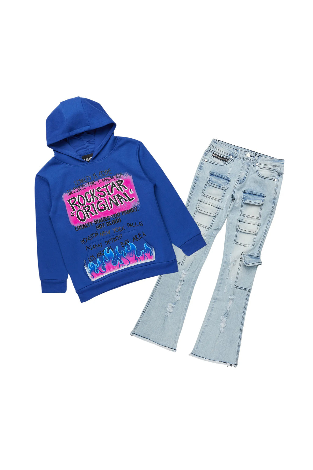Boys Beno Royal Blue/Pink Hoodie/Stacked Flare Jean Set