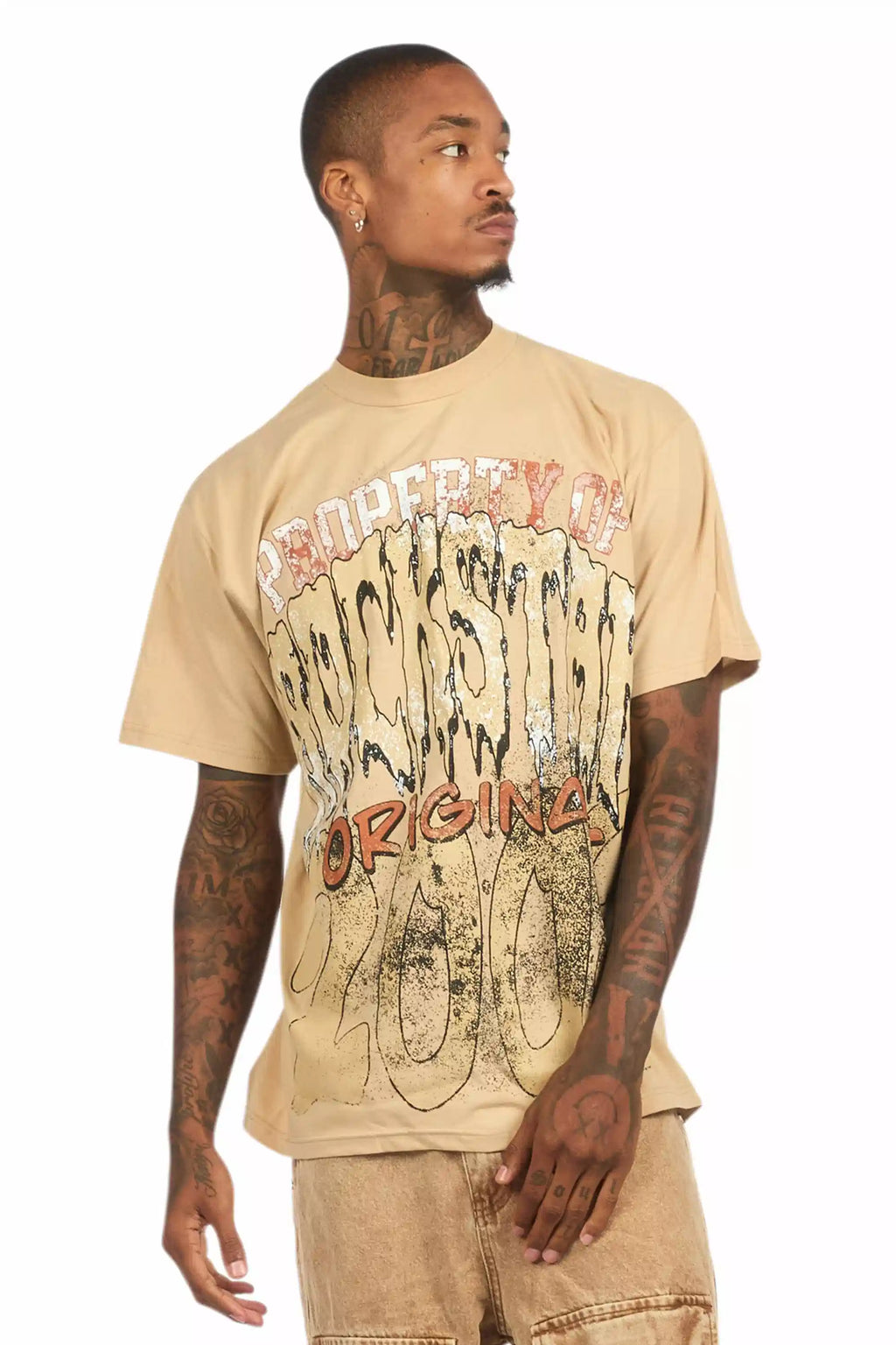 Raezion Beige/Brown Oversized Graphic T-Shirt