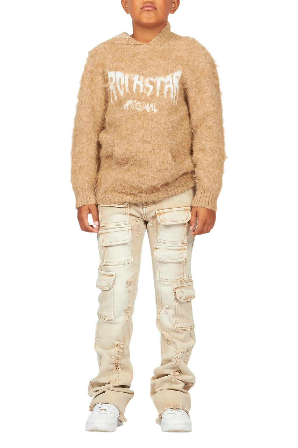 Boys Andros Brown/Tan Mohair Hoodie/Stacked Flare Jean Set