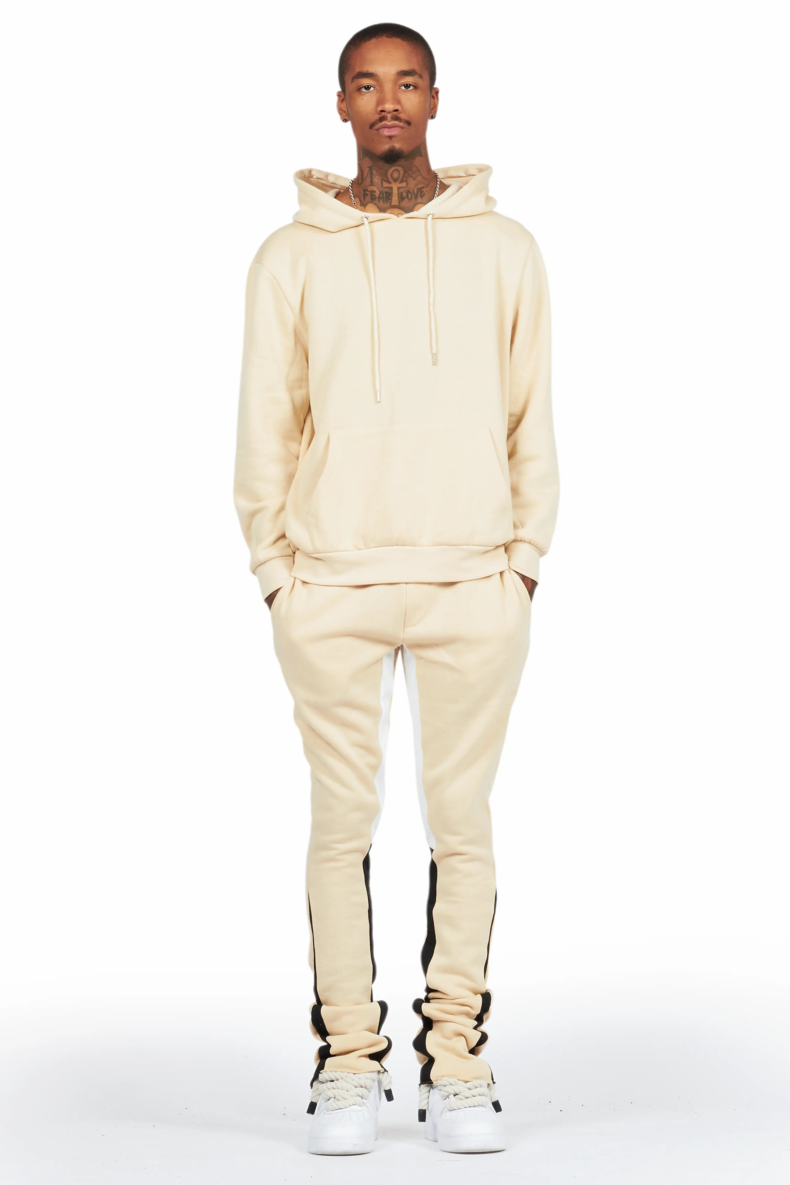 Basic Beige Hoodie/Stacked Flare Track Set